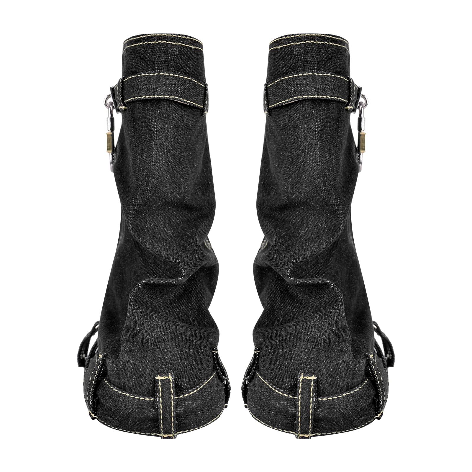 onlymaker Padlock and Zippers Fold Over Platform Calf High Boots side Zippers Denim Boots Black Size 10 - Image 3