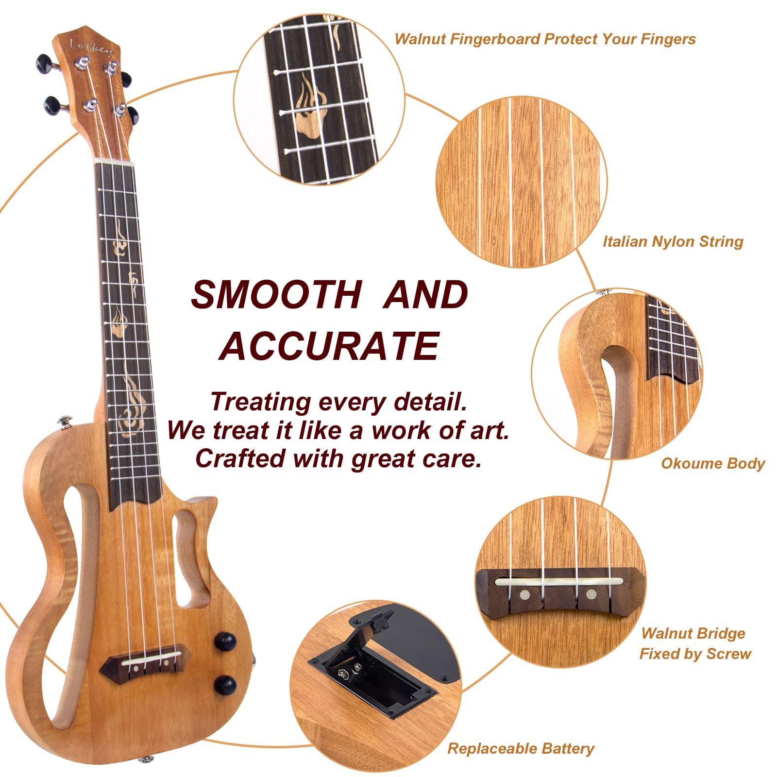 Silent Ukulele, Lotkey 23 Inch Okoume Body Electric Ukulele for Practice or Performances with AMP Output Italian Nylon String w/Tuner Strap & Full Accessories - Image 3