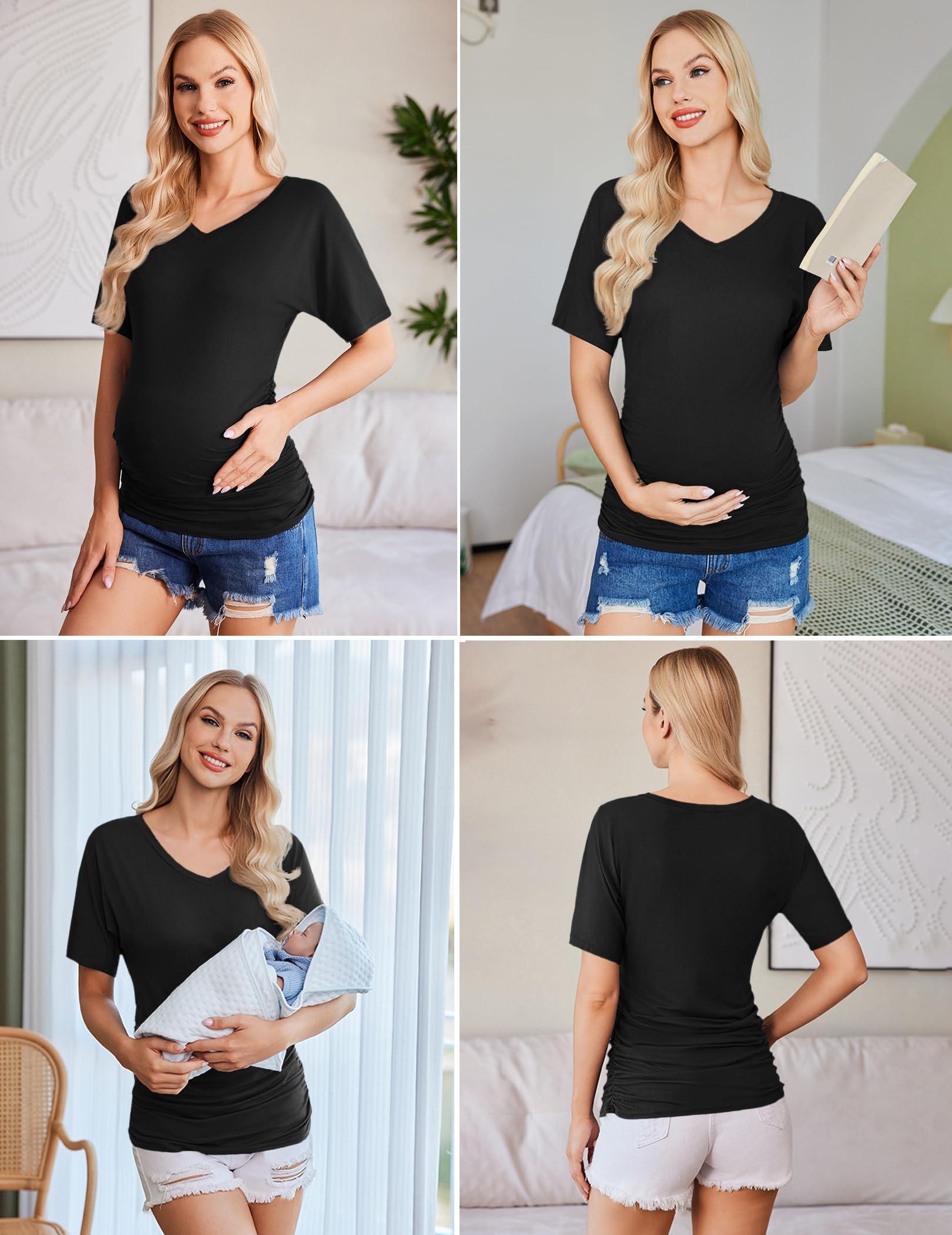 Ekouaer 3 Pack Maternity Shirts V Neck Dolman Sleeve Side Ruched Pregnancy Tops Tunic Blouse - Image 2