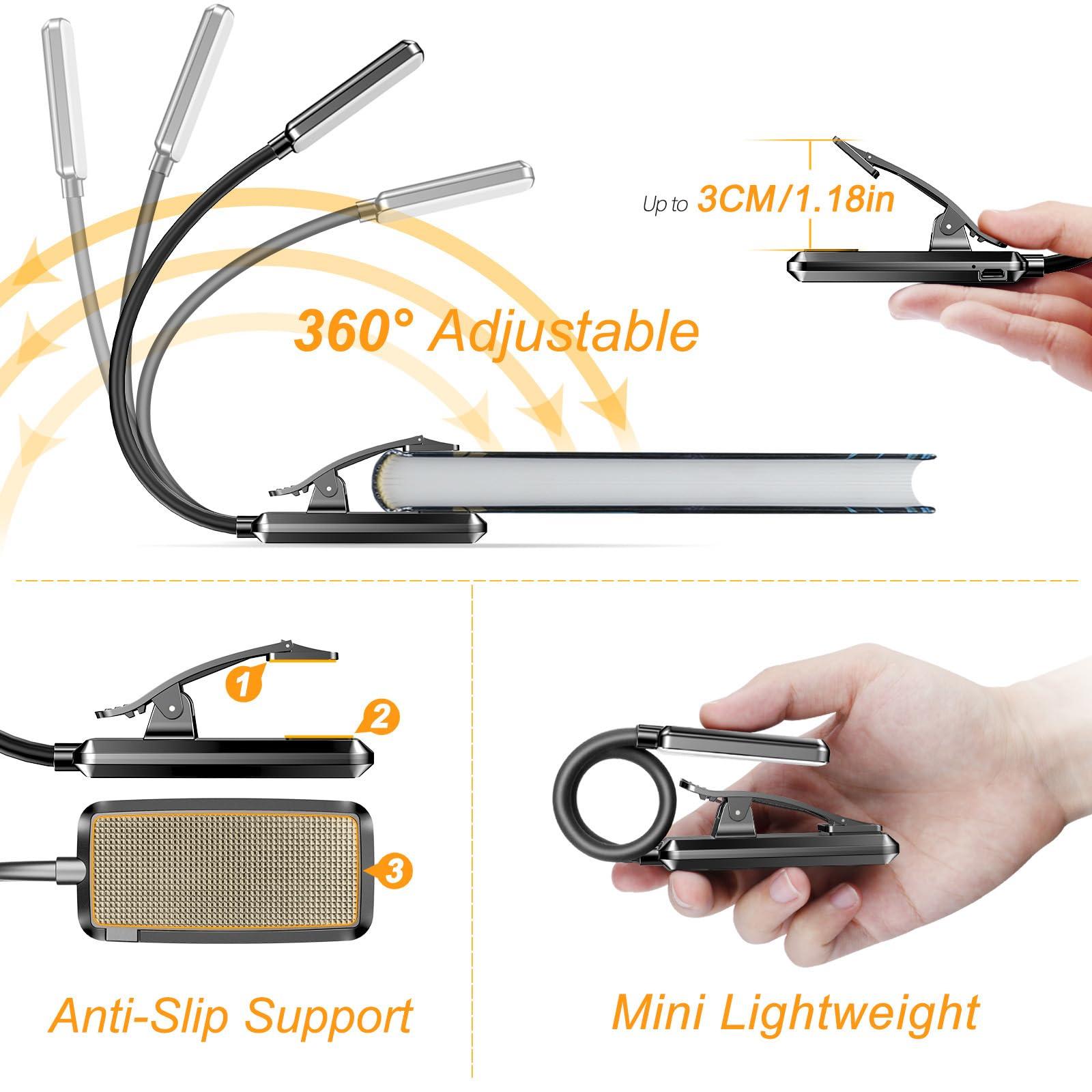Gritin 9 LED Rechargeable Book Light for Reading in Bed - Eye Caring 3 Color Temperatures,Stepless Dimming Brightness,80 Hrs Runtime Small Lightweight Clip On Book Reading Light for Studying - Image 5