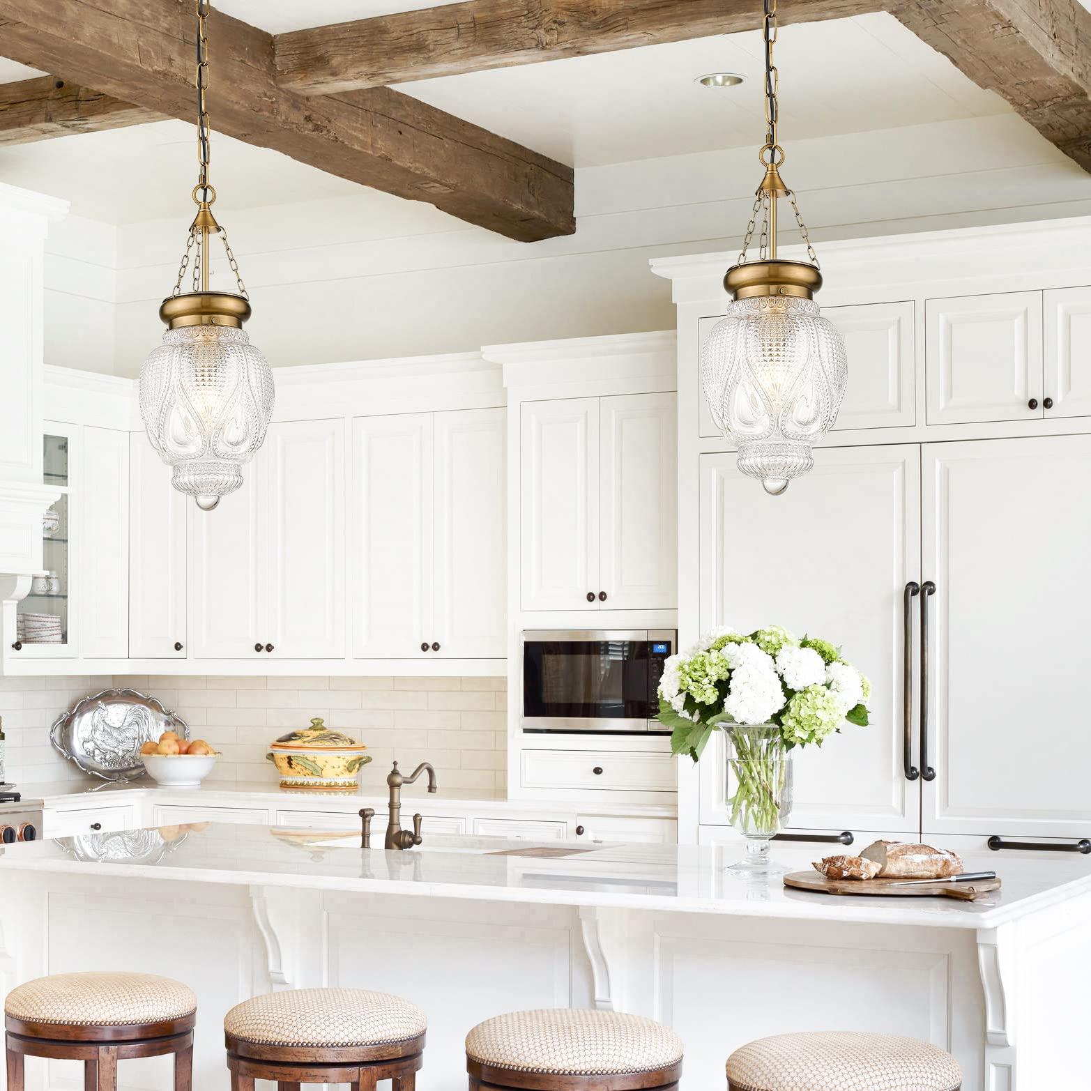 DSMJFU Brass Gold Glass Ceiling Pendant Light Kitchen Island Lighting Farmhouse Vintage Pendant Light Hanging Light Fixture for Dining Room, Entryway, Sink, Breakfast Nook - Image 2