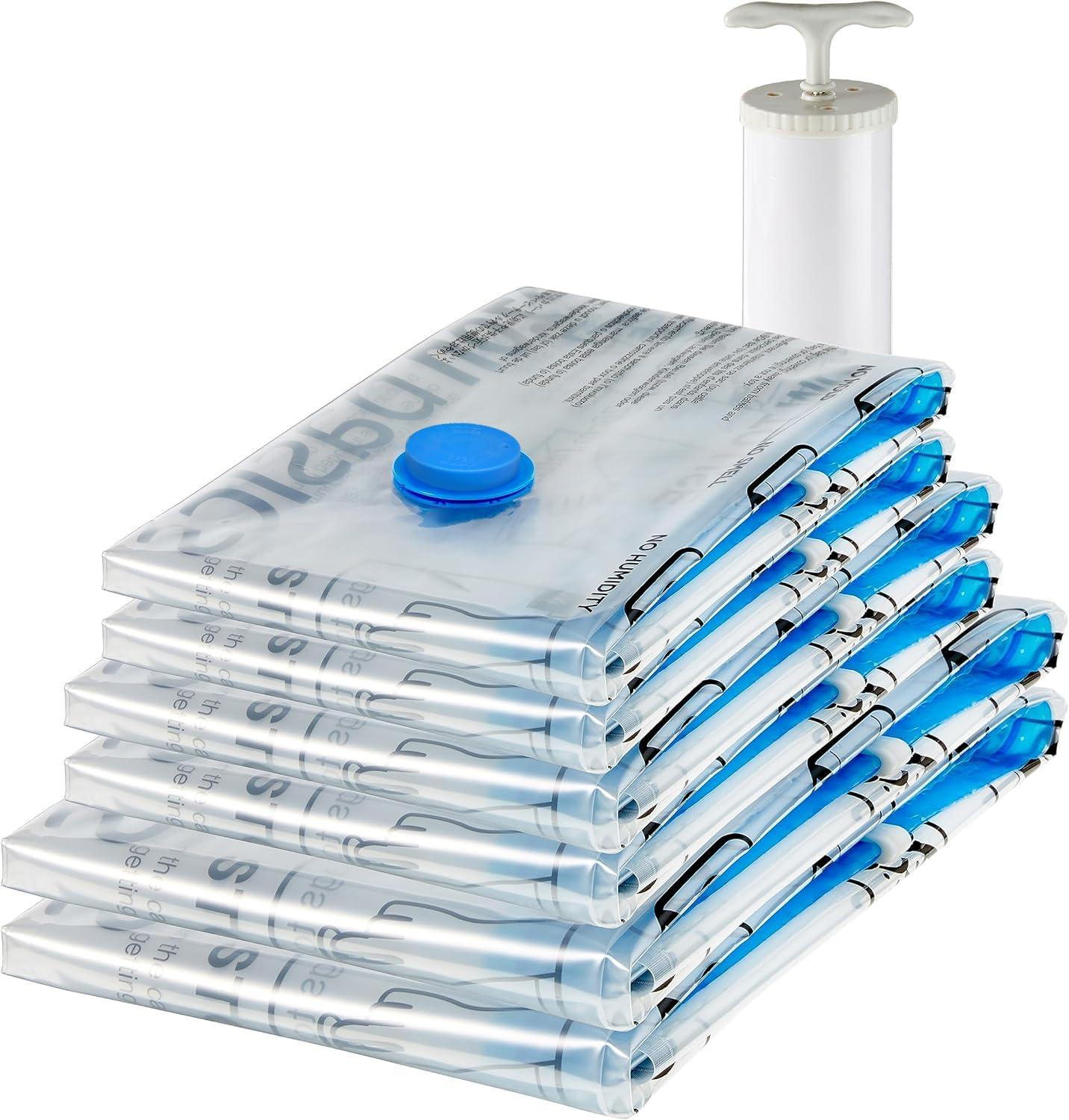 Amazon Basics Multiple Vacuum Compression Zipper Storage Bags for Space Saving and Travel with Hand Pump, 6-Pack (2 Jumbo, 2 Large, 2 Medium), Transparent