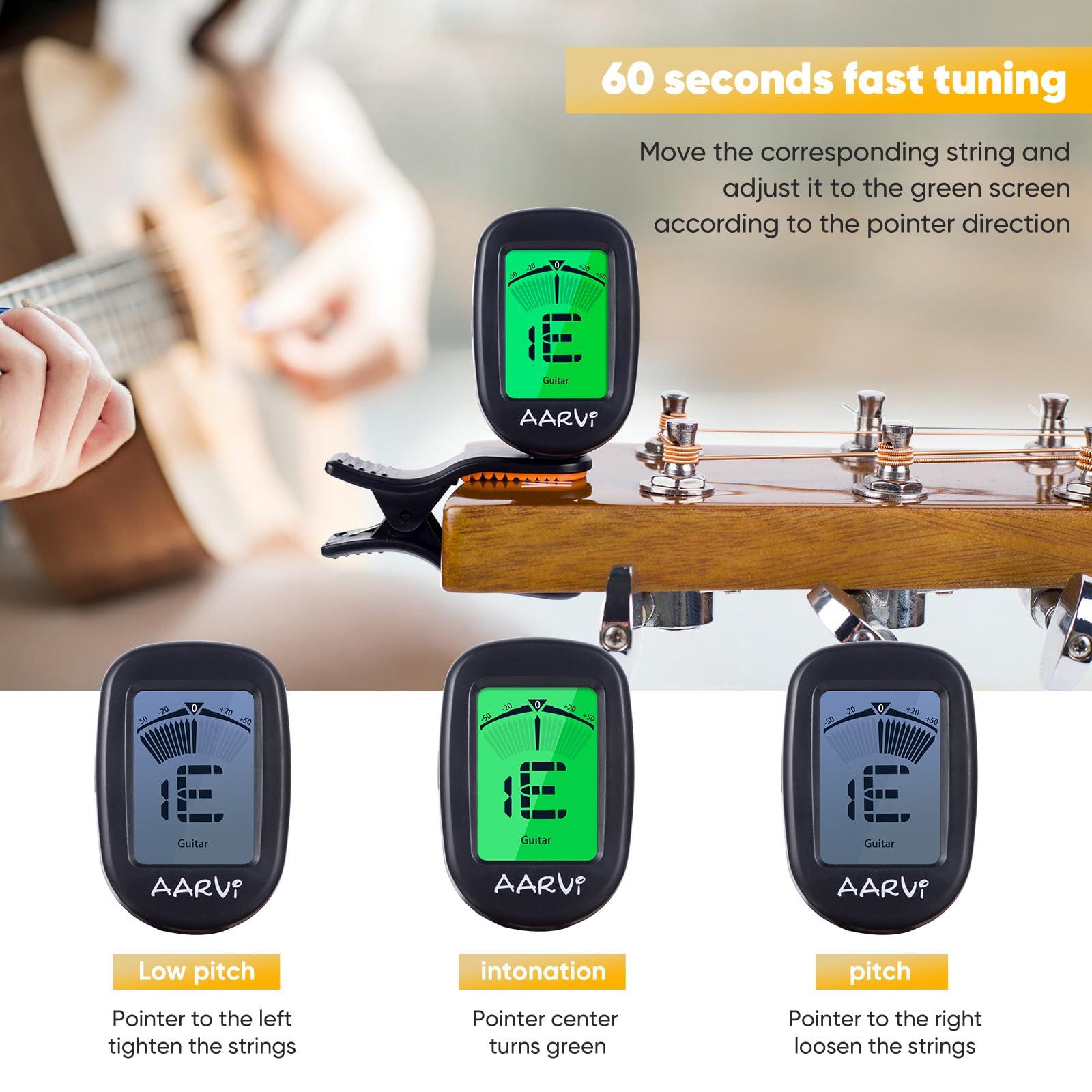 AARVI Clip On Guitar Tuner for All Instruments, Acoustic/Electric Guitar, Ukulele, Bass, Violin, Banjo, Large Clear LCD Display for Guitar Tuning, Chromatic Tuner, 4 Pack Guitar Picks Included - Image 4