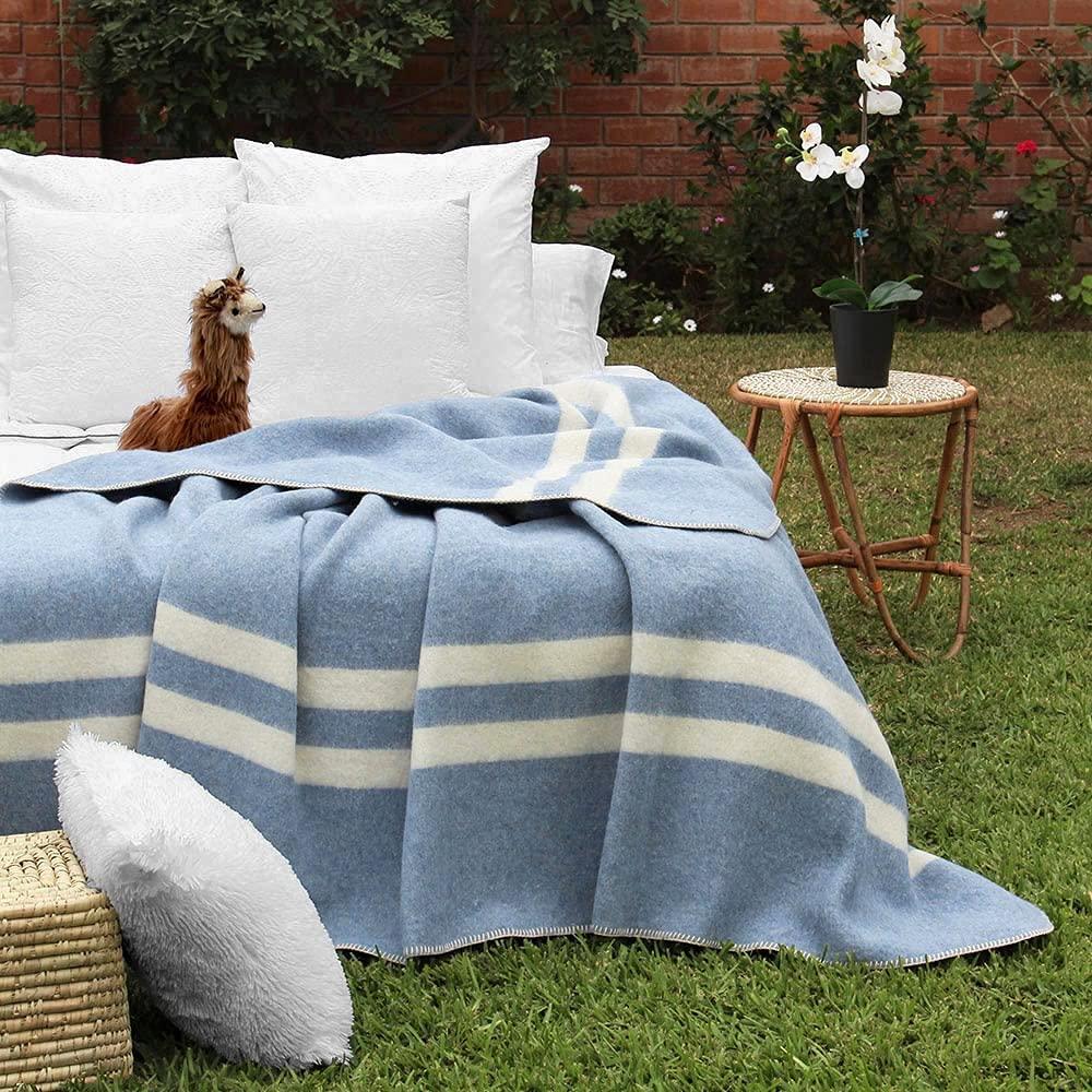 Thick Alpaca Wool Blanket Heavyweight Camping Outdoors Indoors Soft Peru King Size Stripes Design (Soft Blue - Ivory Stripes, King Size) - Image 9