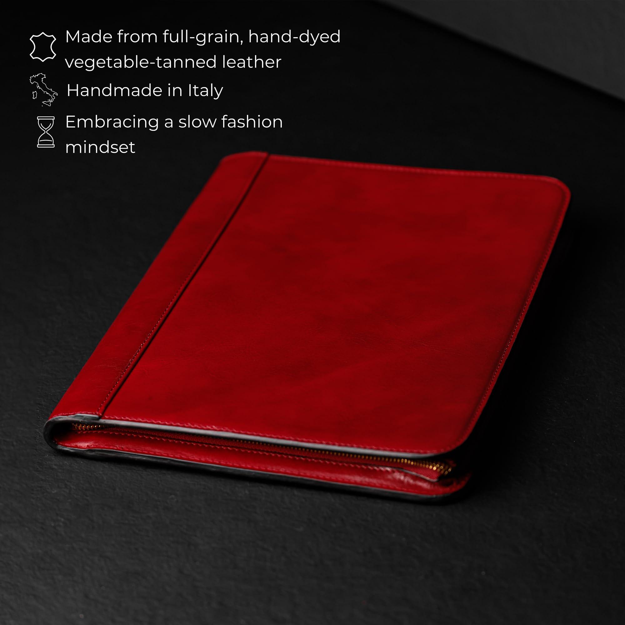Time Resistance Leather Portfolio - A4 Document Folder - Italian Handcrafted Padfolio Organizer (Red) - Gift Box Included - Image 5