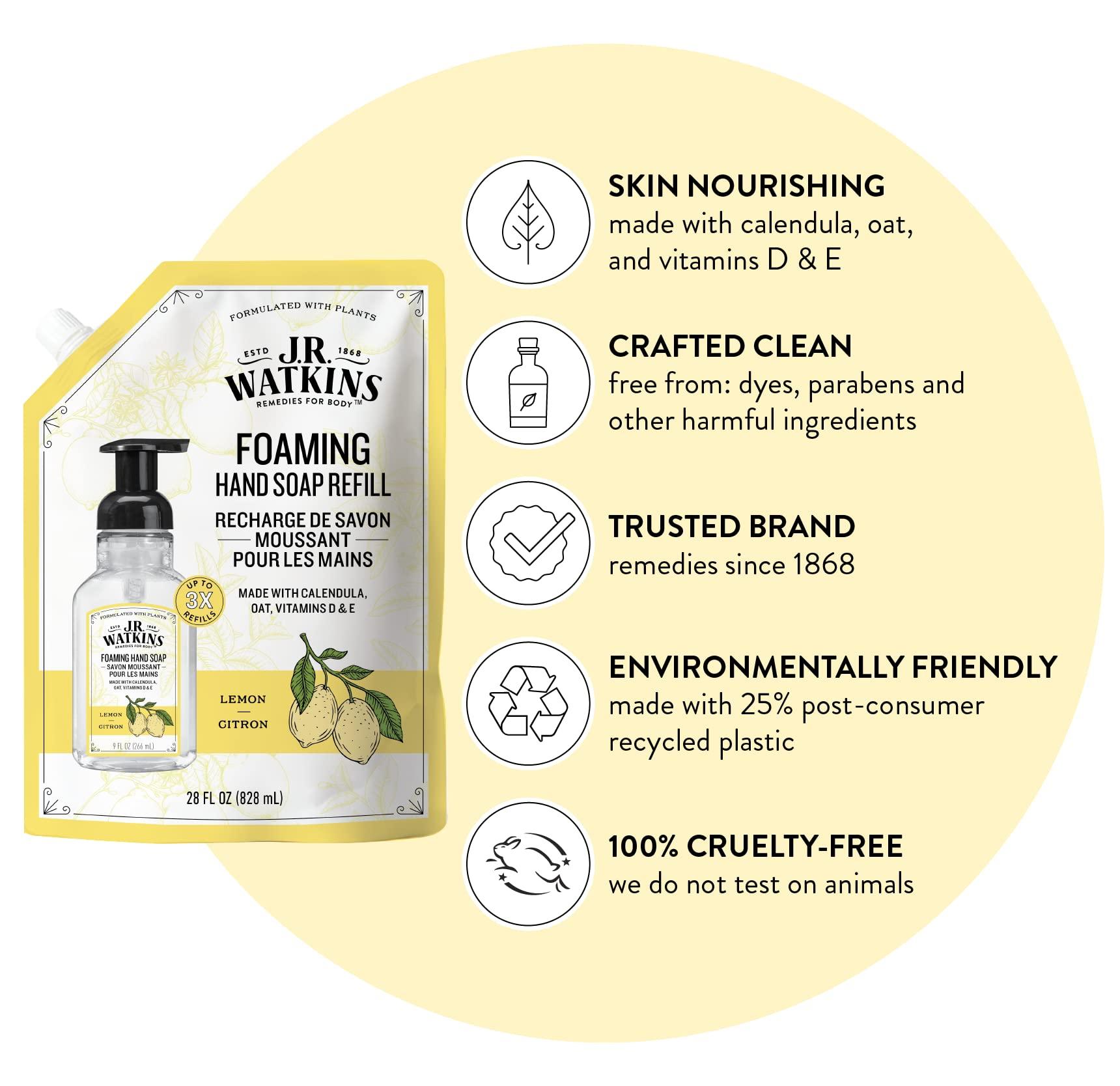 J.R. Watkins Foaming Hand Soap Refill, Moisturizing Foam Hand Wash, All Natural, Alcohol-Free, Cruelty-Free, USA Made, Lemon, 28 fl oz, 3 Pack - Image 2