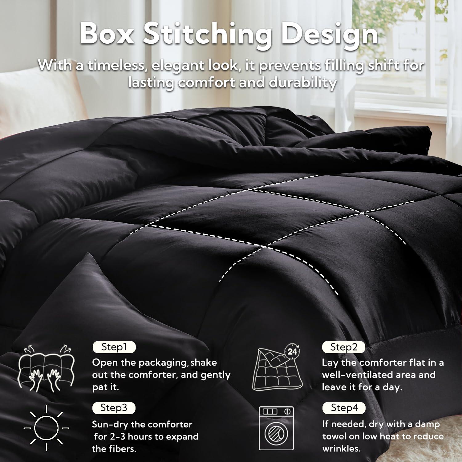 MR&HM Queen Comforter Set Black, Reversible Satin Microfiber Comforter Set for All Seasons, 3 Pieces Non-Slip Silky Soft Bedding Sets with 1 Comforter (90"x90") and 2 Pillowcases (20"x26") - Image 6
