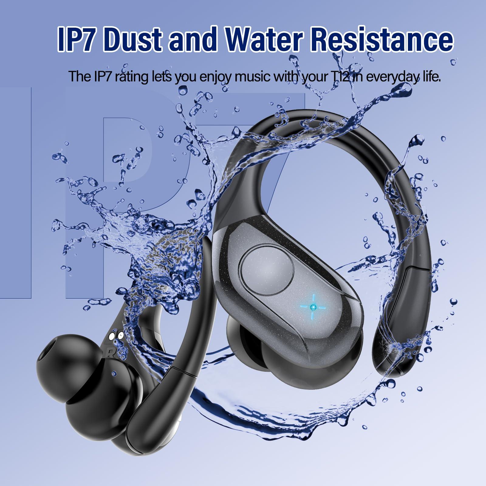 Qecnato Wireless Earbuds Bluetooth 5.4 Headphones Sports, 75H Stereo Deep Bass Over Ear Buds with Earhooks, Bluetooth Earbuds with 4 ENC Mic, LED Display, IP7 Waterproof Earphone for Running, Black - Image 7