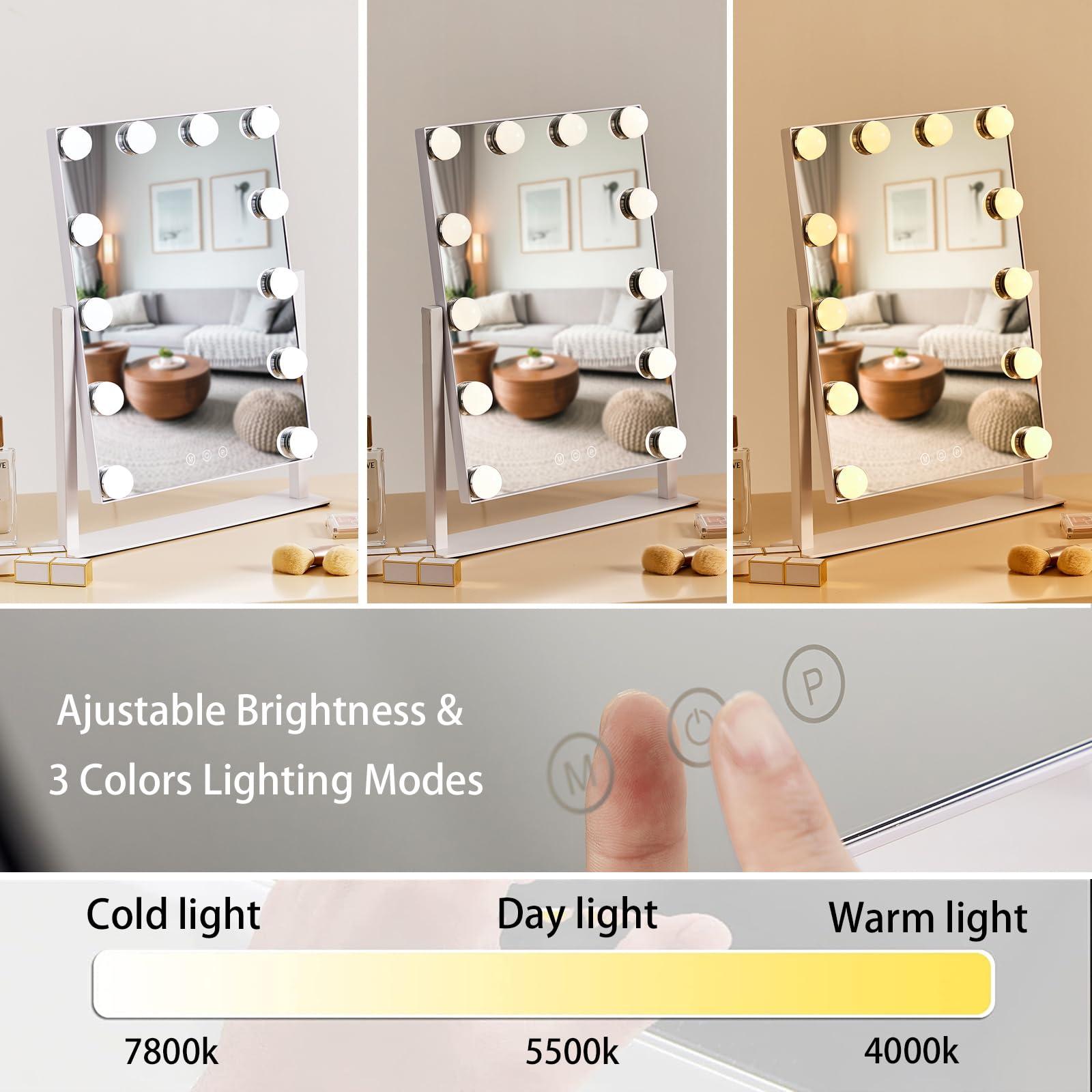 HIEEY Hollywood Vanity Mirror with 12 Dimmable Bulbs Lights, Three Color Lighting Modes, and 5X Magnification, Smart Touch Control, 360°Rotation (White,Gift Box) - Image 3