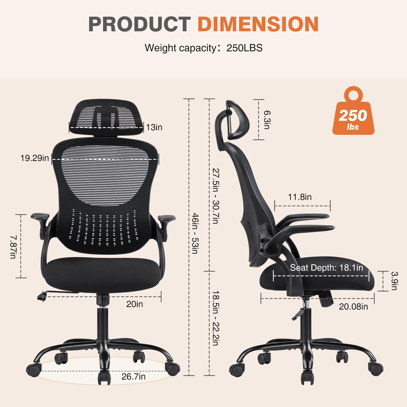 Sweetcrispy Office Computer Desk Chair, Ergonomic High-Back Mesh Rolling Work Chairs with Wheels and Adjustable Headrests, Comfortable Lumbar Support, Comfy Flip-up Arms for Home,Bedroom,Study, Black - Image 2