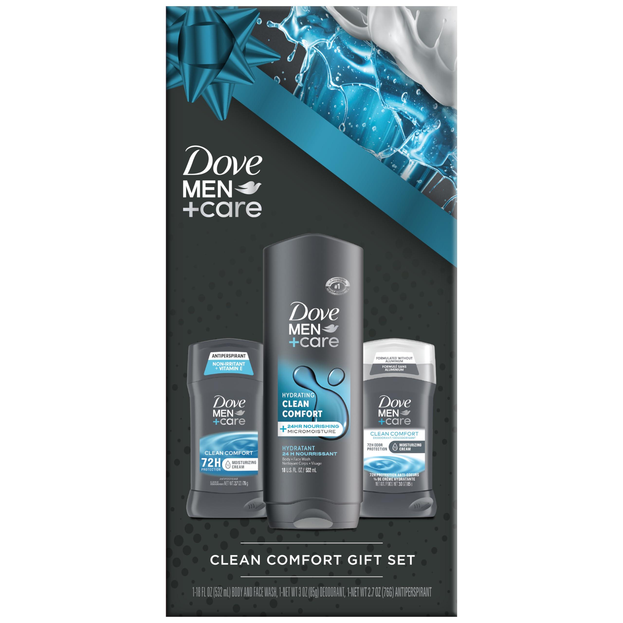 Dove Men + Care Clean Comfort Bundle – Men’s Body Wash, Aluminum-Free Deodorant + Antiperspirant, 48H Protection, Clean Scent (3 Piece Set)