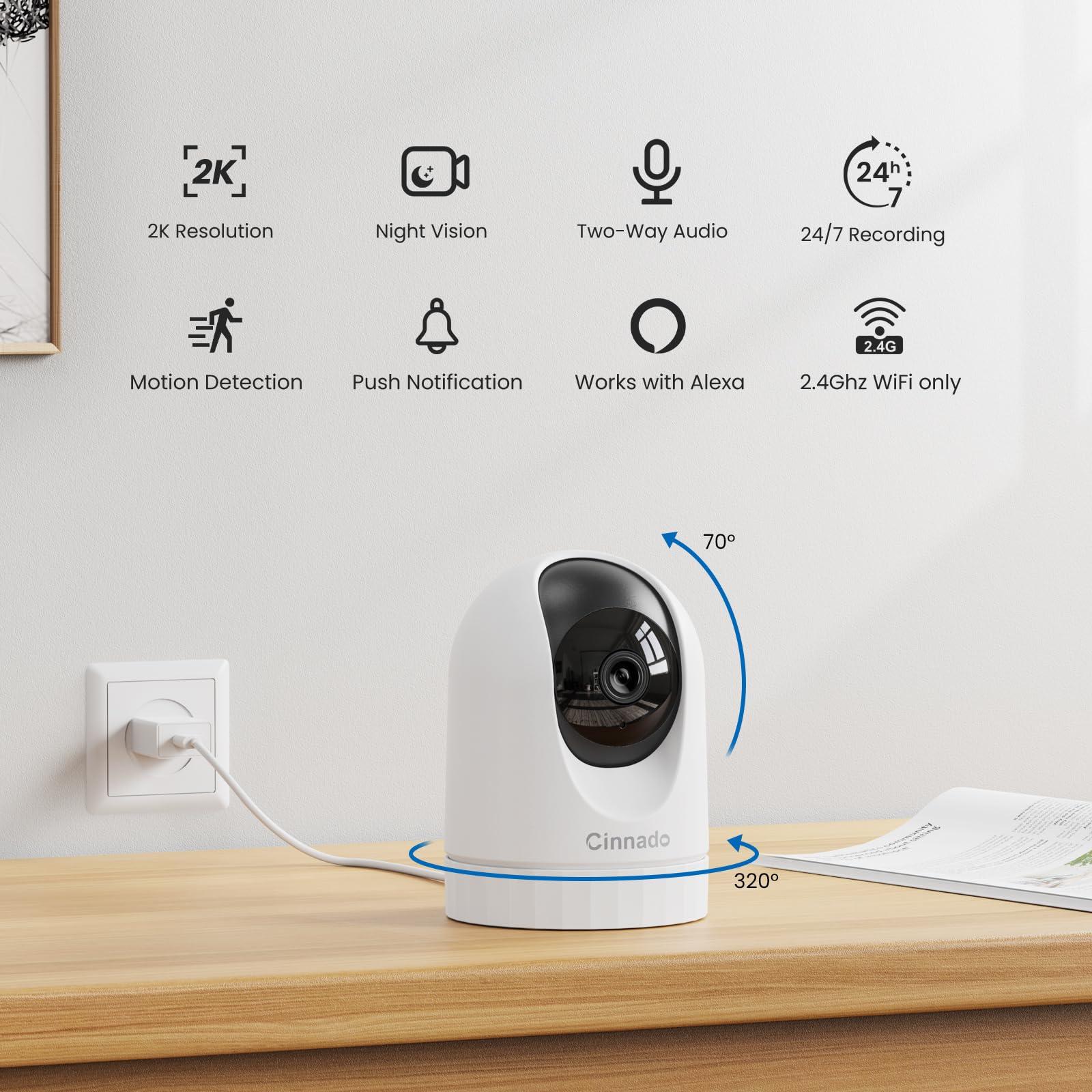 Cinnado Security Camera Indoor-2K 360° WiFi Cameras for Home Security，Pet/Dog/Baby Camera with Phone app, 2-Way Audio, Night Vision, 24/7 SD Card Storage, Works with Alexa & Google Home (2.4Ghz)-D1 - Image 2