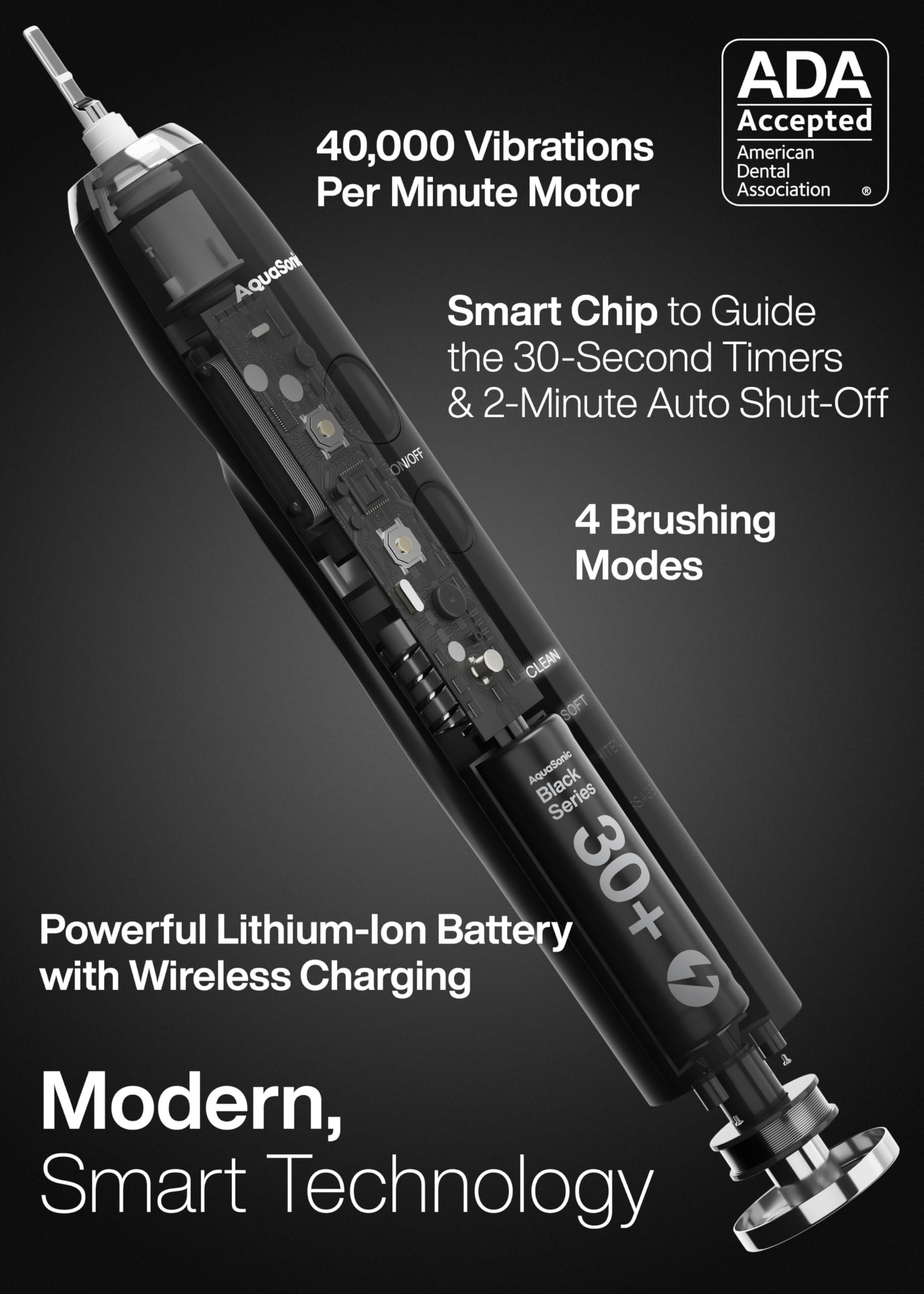Aquasonic Black Series Ultra Whitening Toothbrush – ADA Accepted Electric Toothbrush- 8 Brush Heads & Travel Case – 40,000 VPM Electric Motor & Wireless Charging - 4 Modes w Smart Timer - Image 2