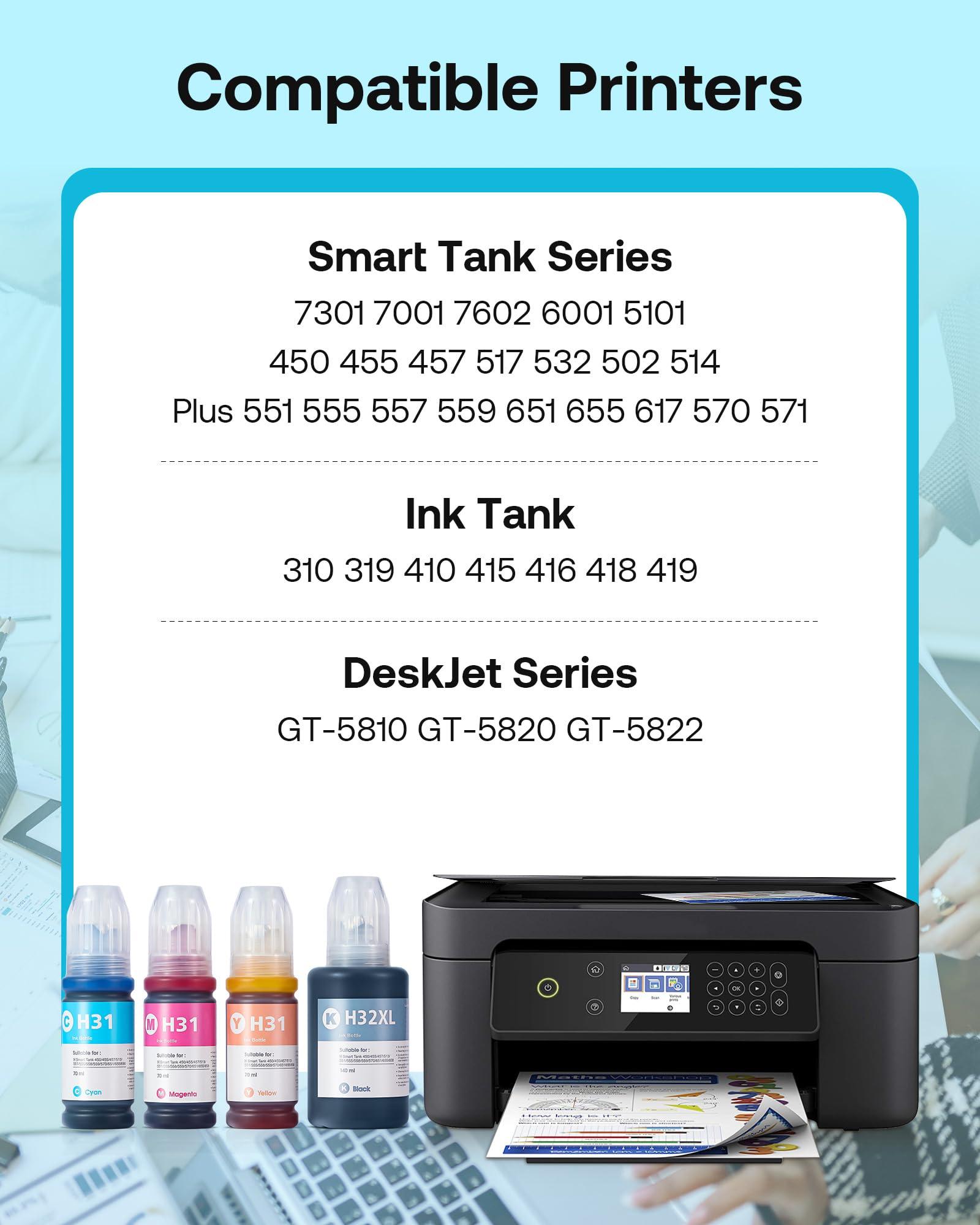 31 32XL Ink Bottle Refill Kit Compatible for HP Smart Tank 5101 7301 7602 7001 6001 Plus 551 651 455 457 450 All-in-One Ink-Tank Printers, 4-Pack (140ML 32XL Black Ink, 70ML 31 Color Ink) - Image 2