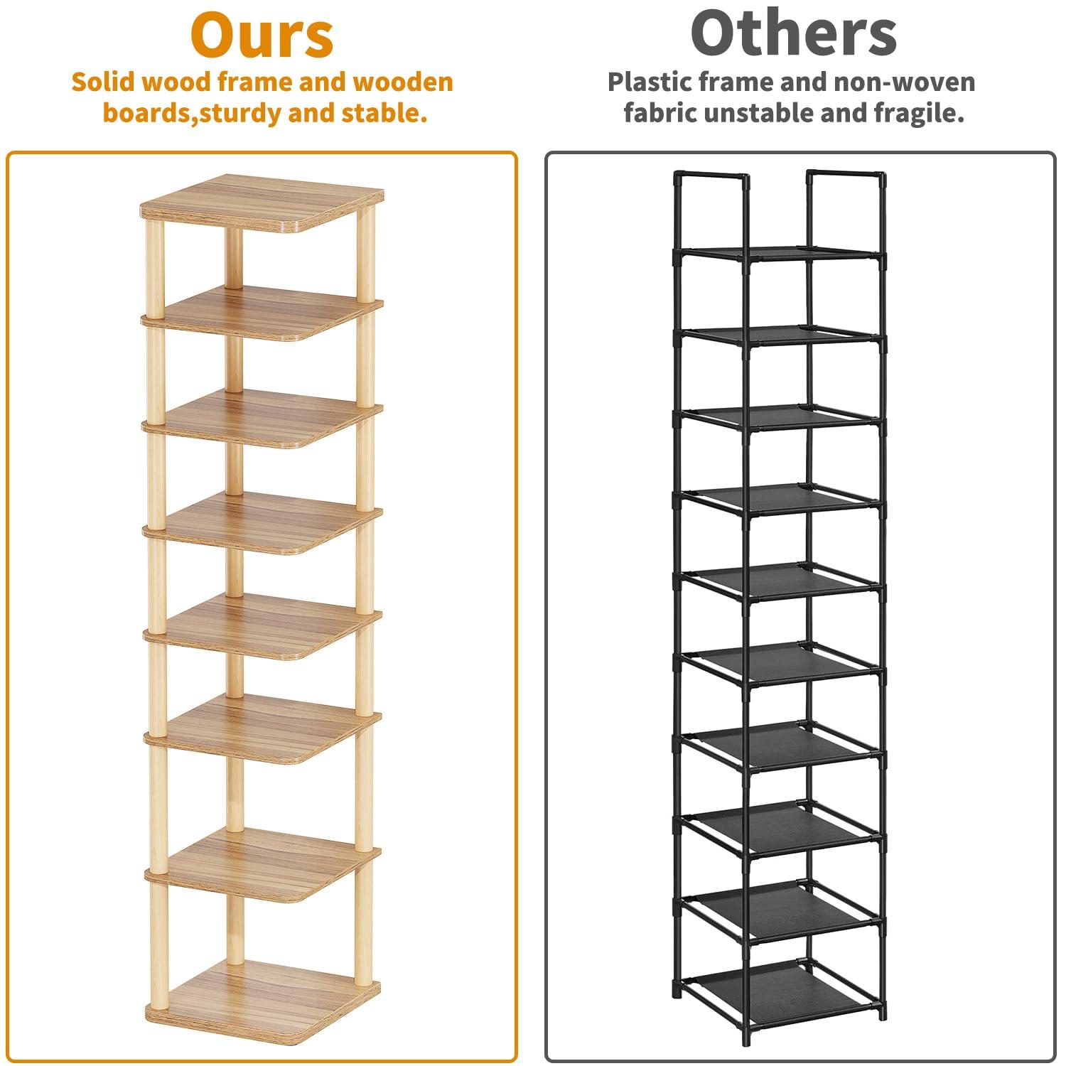 LUCKNOCK Vertical Shoe Rack, 8-Tier Tall Narrow Shoe Organizer for Entryway, Closet, Dorm & Small Spaces, Freestanding Wooden Shoe Shelf Tower for Boots, Sneakers, Heels. (Walnut) - Image 8