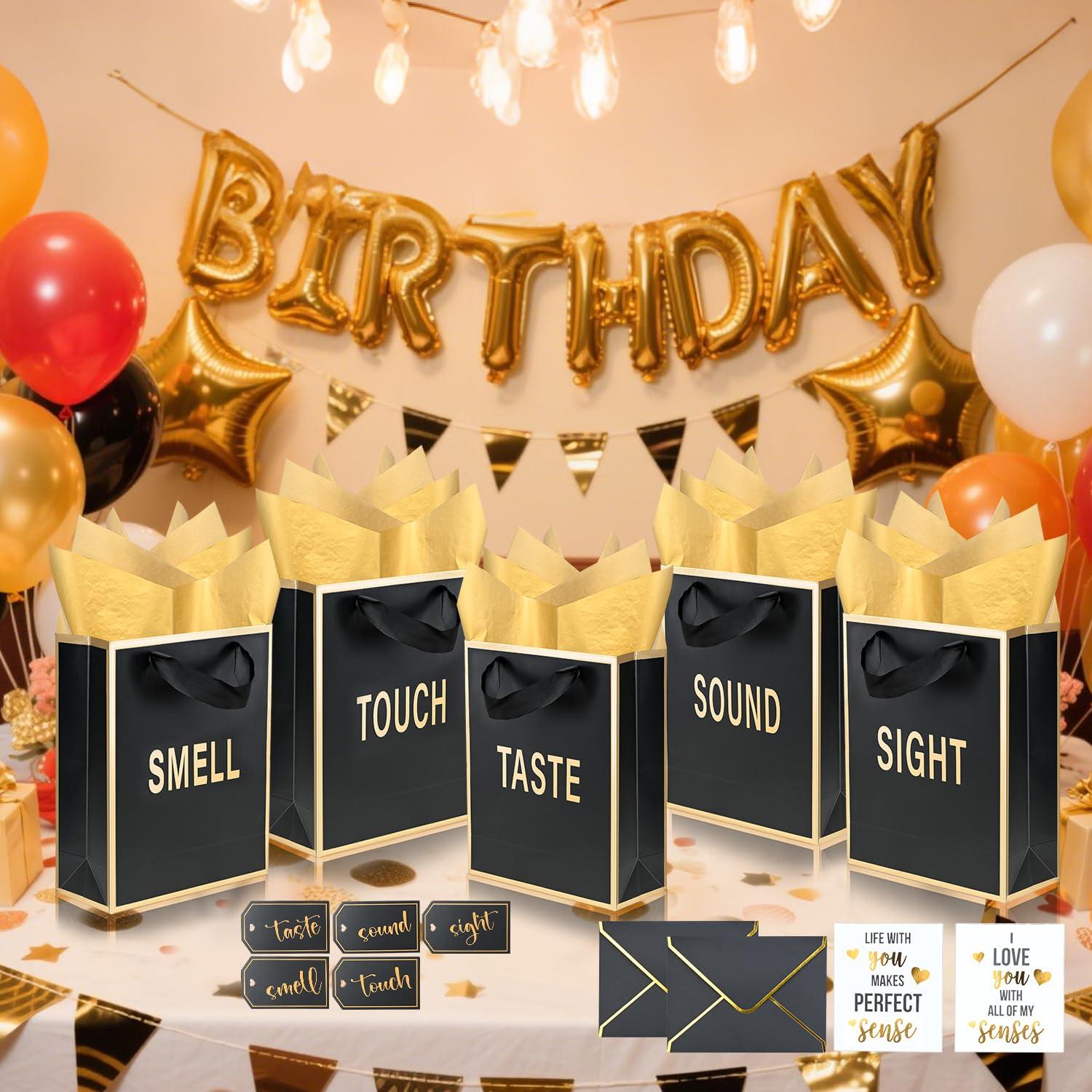 Gold Foil 5 Senses Gift Bags for Him Her with Labels Envelopes and Cards, Sight Smell Touch Taste Sound Gift Bags with Tissue Handle for Birthday, Anniversary, Mother's Day, Valentine's Day(9x7x3.15inch) - Image 2