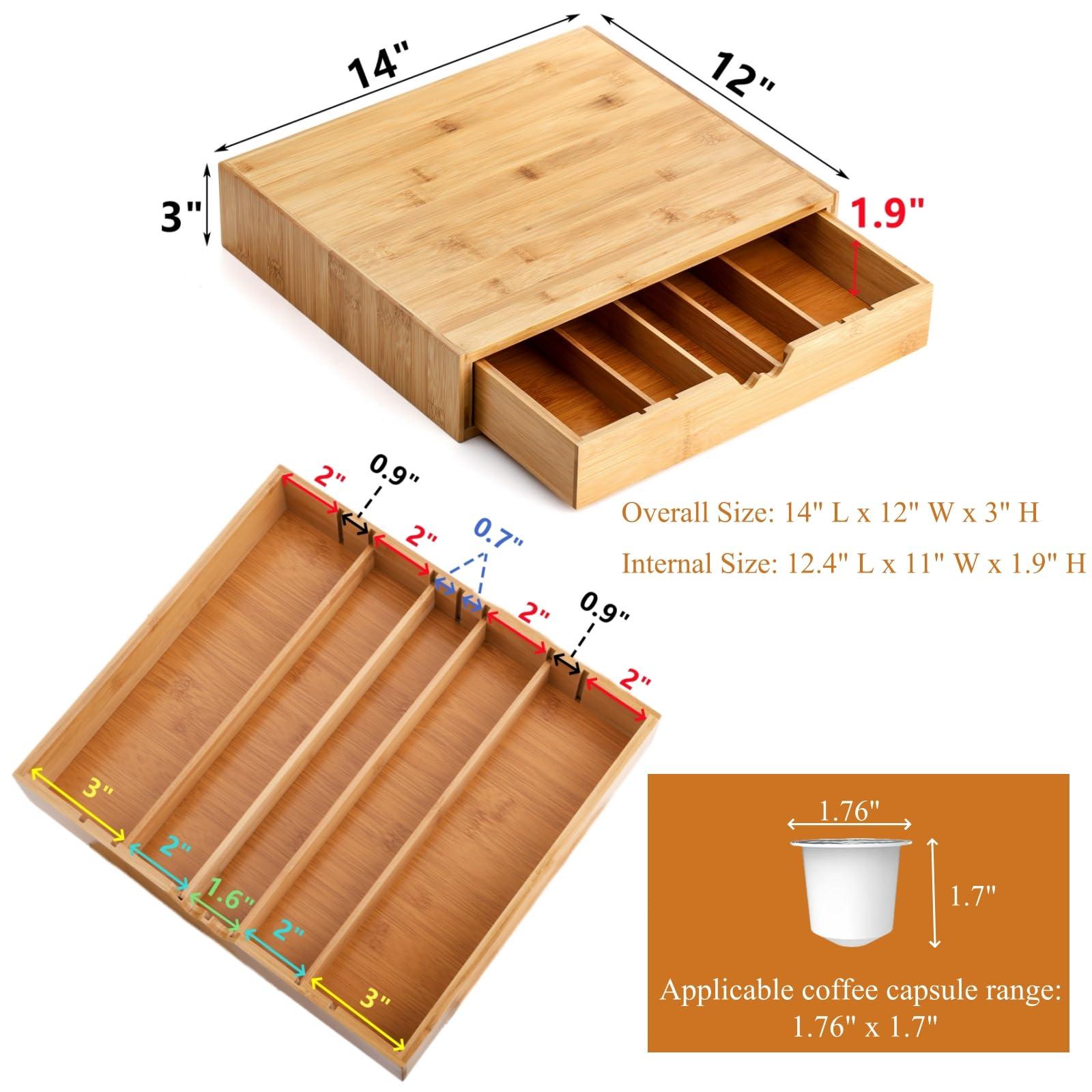 Peohud Bamboo Coffee Pod Drawer, Espresso Coffee Capsule Holder with 5 Adjustable Compartment, Tea Bag Storage Organizer for Kitchen Counter Office Coffee Station - Image 3