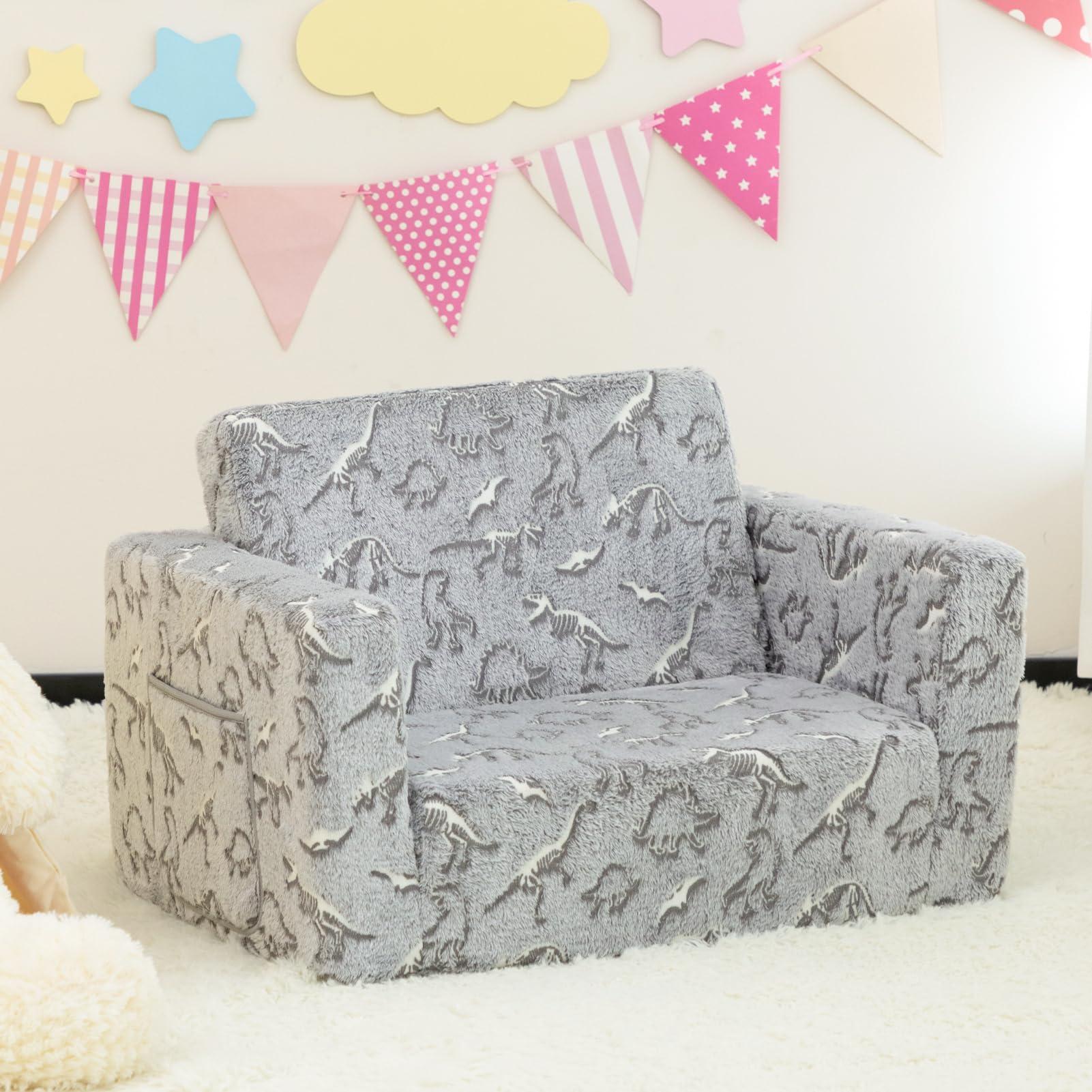 ALIMORDEN 2-in-1 Flip Out Cuddly Sherpa Toddler Couch, Convertible Sofa to Lounger, Glow in The Dark,Dinosaurs - Image 2