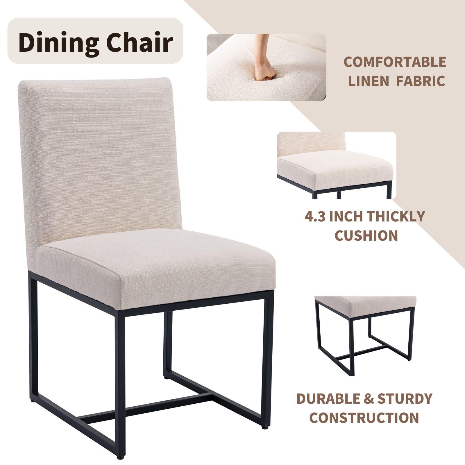 HNY Kitchen & Dining Room Chairs Set of 2, Linen Fabric Mid Century Modern Dining Chairs, Upholstered Dining Chairs with Black Finish Metal Frame, Cream, 2 PC - Image 3