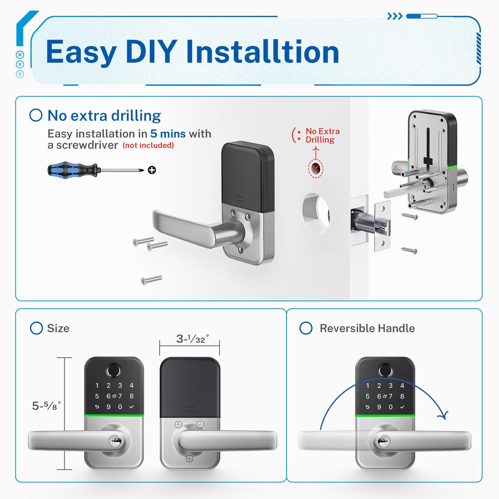 Keypad Smart Door Lock with Handle: Kucacci Keyless Entry Door Lock - Smart Lock for Front Door - Electronic Door Lock with Keypad for Exterior Door - Deadbolt Lever Alternative - Easy Installation - Image 6