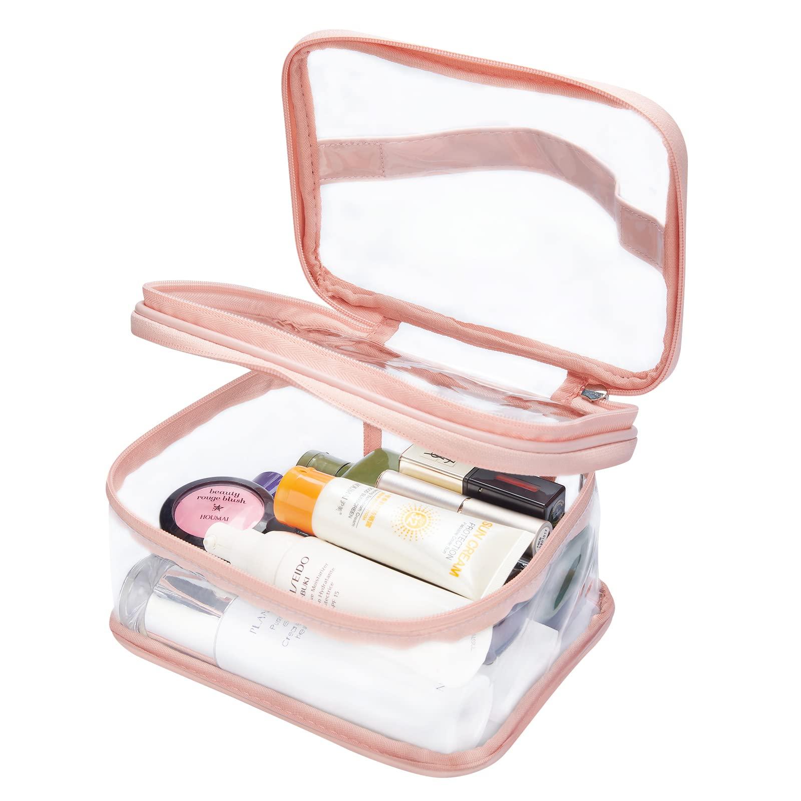 HAOGUAGUA Double Layer Clear Cosmetic Bag Makeup Bag, Waterproof Travel Toiletry Bag, Transparent PVC Hair & Nail Accessories Pouch Beach Bag Organizer (Pink) - Image 3