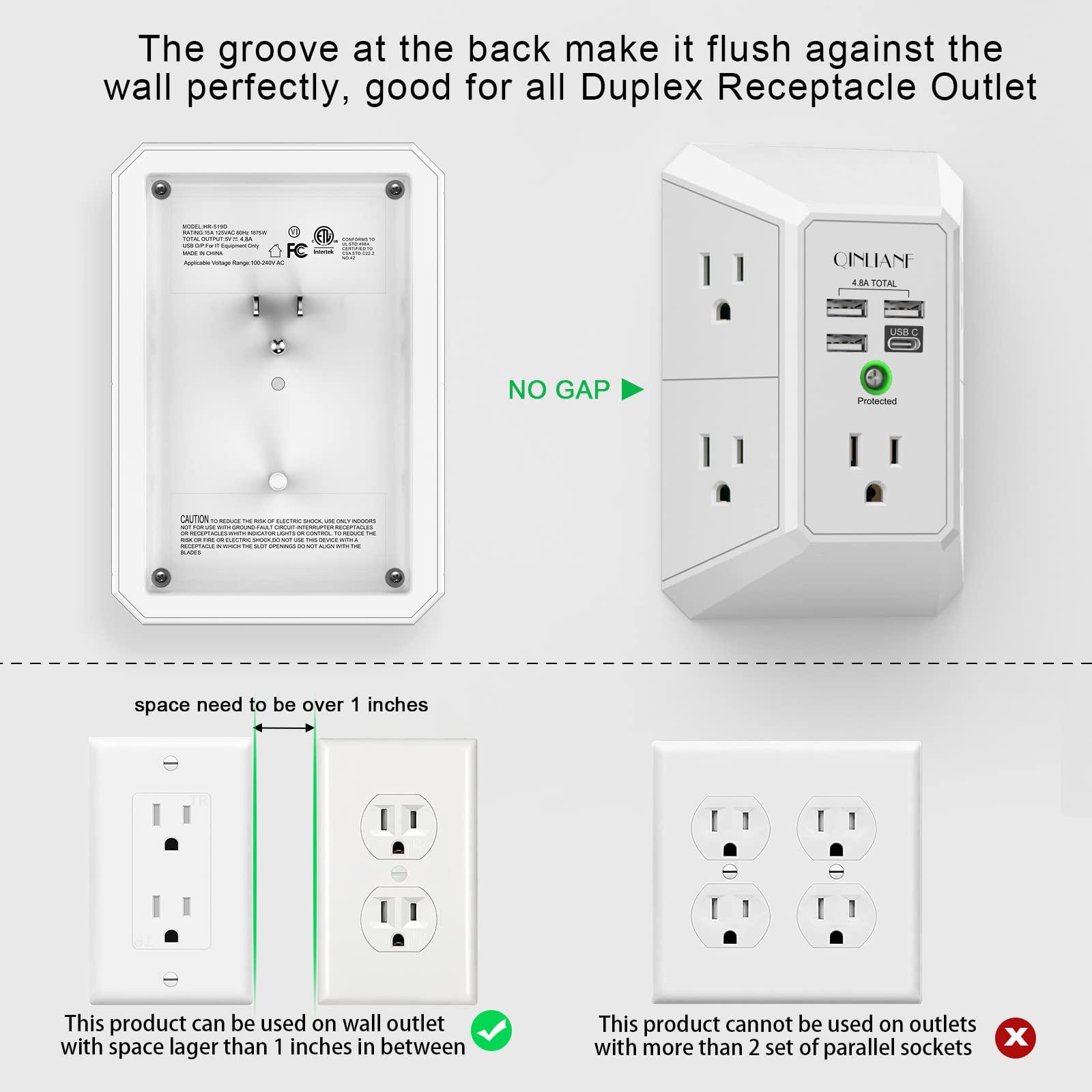 Wall Charger, Surge Protector, QINLIANF 5 Outlet Extender with 4 USB Charging Ports (4.8A Total) 3-Sided 1680J Power Strip Multi Plug Adapter Spaced for Home Travel Office (3U1C) - Image 3