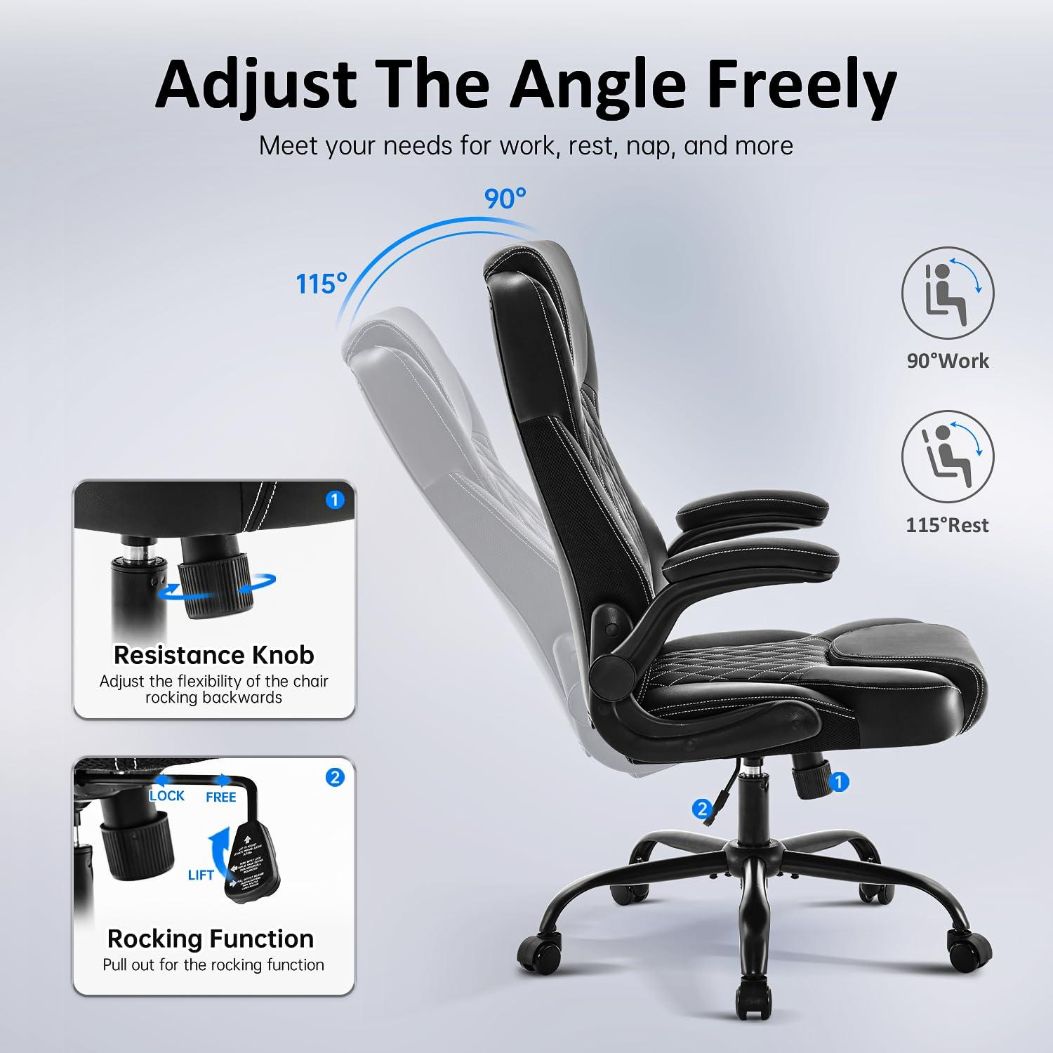 amseatec, Office Chair, Executive Leather Chair Home Office Desk Chairs, Ergonomic Computer Desk Chair with Adjustable Flip-Up Arms, Lumbar Support Swivel Task Chair with Rocking Function (Black) - Image 4