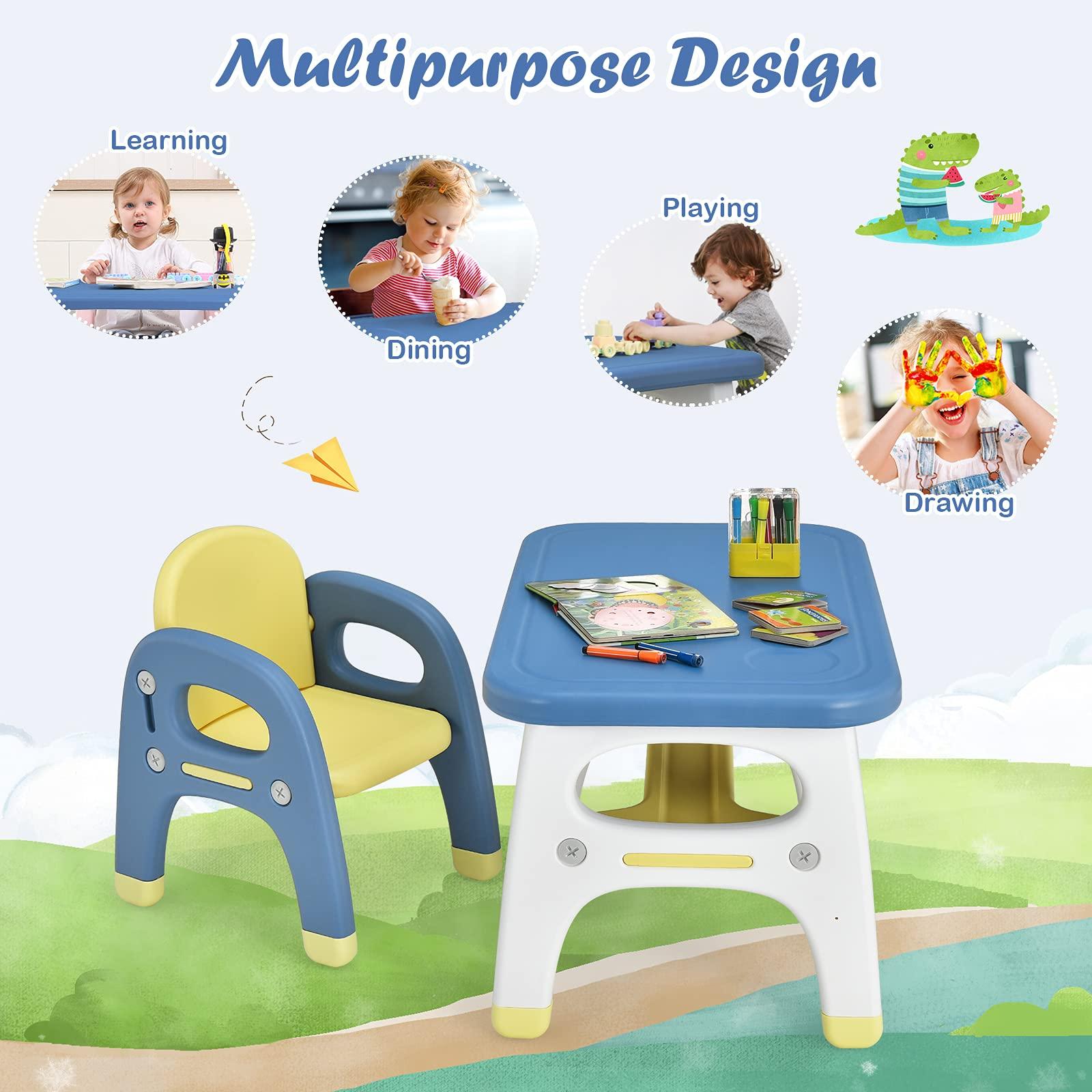 Costzon Toddler Table and Chair Set, Cute Dinosaur Children Activity Art Sturdy Desk Set w/Storage Rack & Montessori Toys Building Blocks, Kids Table and Chair for Baby Boys Girls (Blue) - Image 8