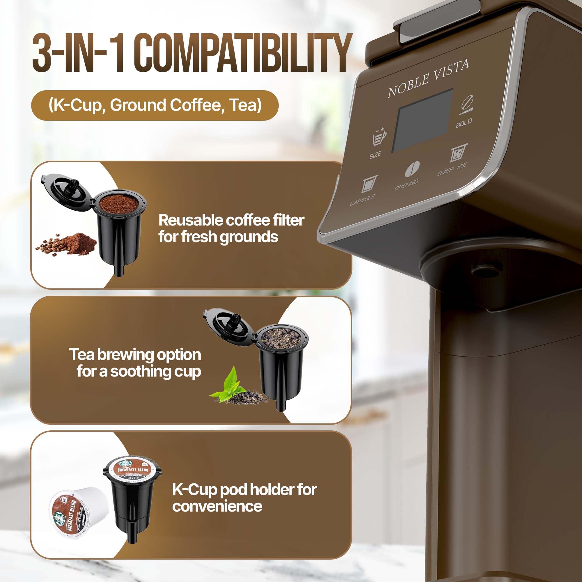 NOBLE VISTA Hot And Iced Coffee Maker, Milk Frother, K Cup Single Serve Coffee Maker, Ground Coffee, Iced Tea, 6-14 OZ Brew, 52 OZ Water Tank - Image 5