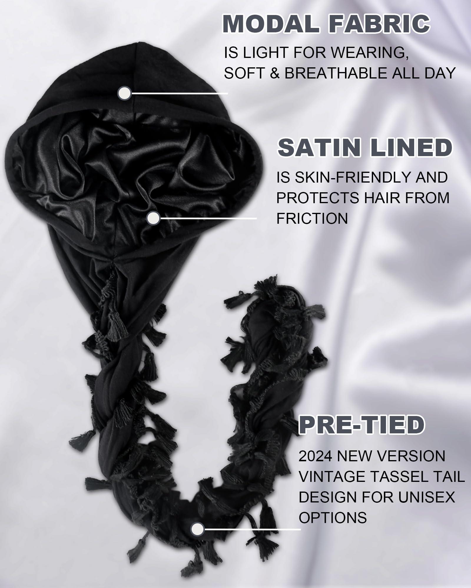 Babalet Halo Turban for Men Women Satin Lined Durag Head Wraps Skull Cap Pre-Tied Tassels Braid Beanie Vintage Twist Bonnet - Image 2