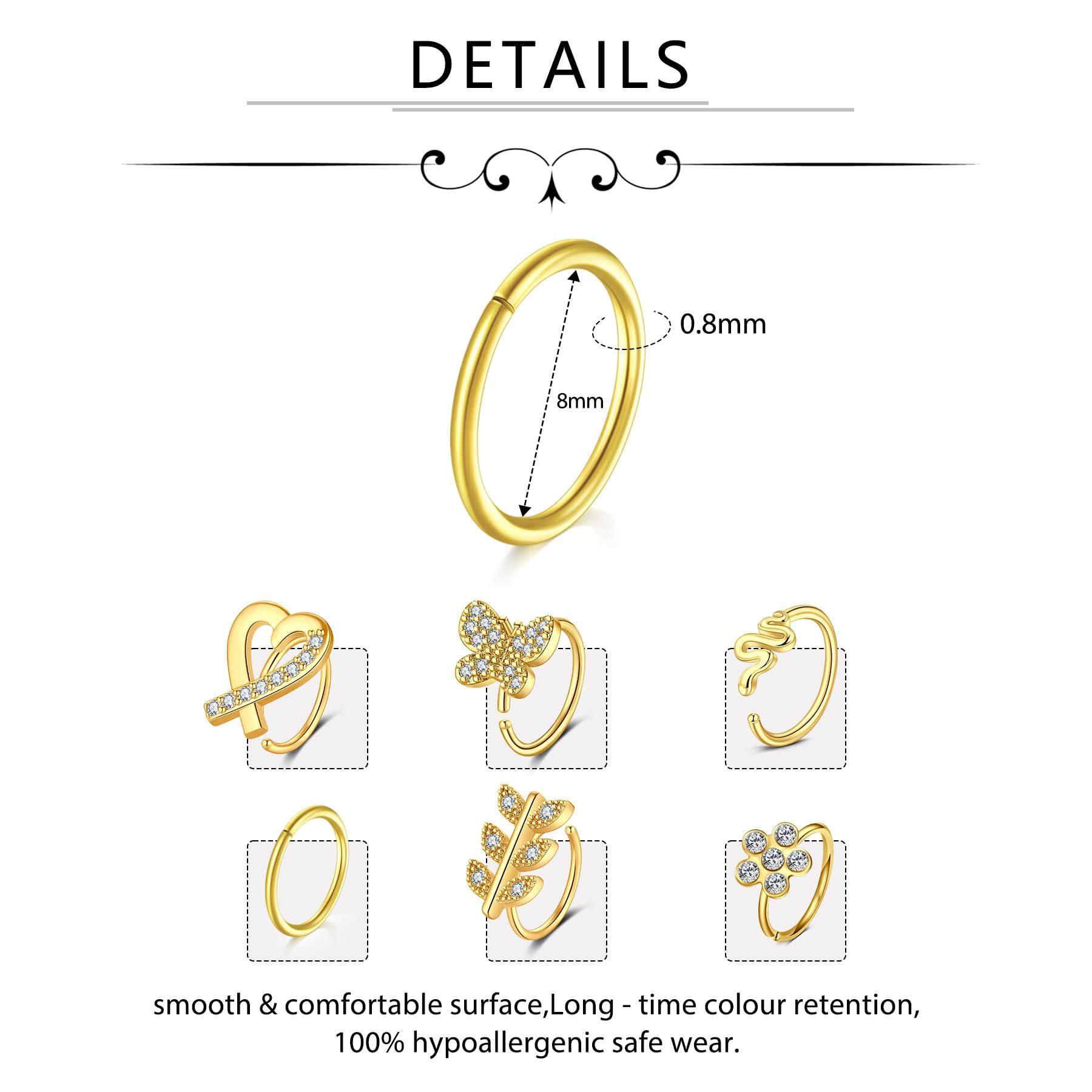 D.Bella 20G Stainless Steel Nose Rings - 20 Gauge Hoops & Studs - Flower, Heart, Diamond & L-Shaped Nostril Nose Piercing Jewelry for Women & Men - Image 2