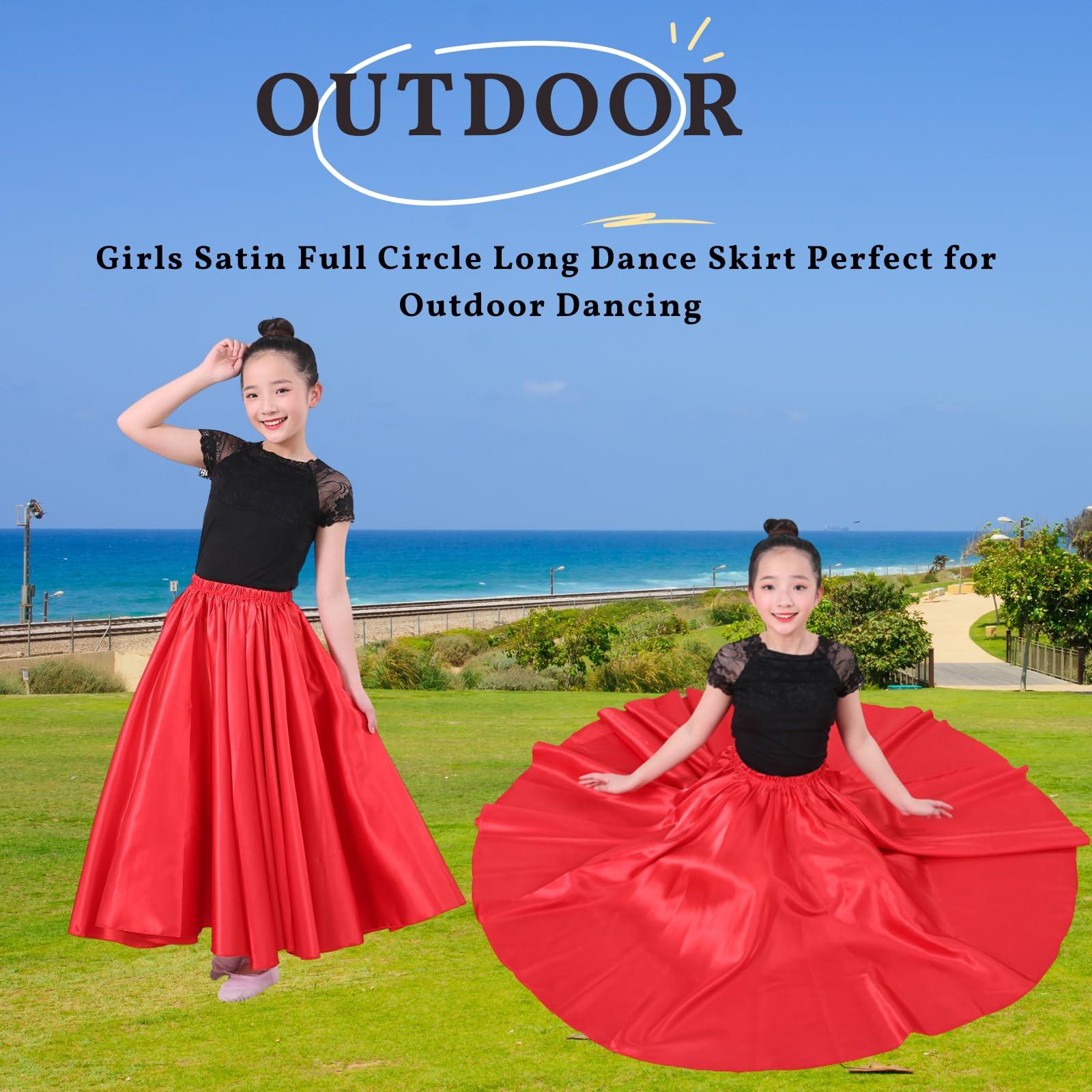 Girls Satin Full Circle Long Dance Skirt Ankle Length Shiny Satin Swing Skirt for Girls 8-12 Years Belly Dance Long Skirt - Image 6
