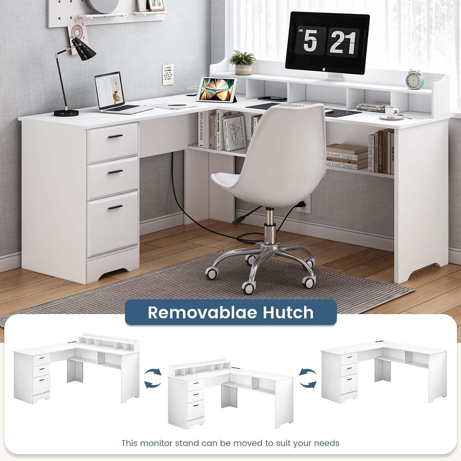 White L Shaped Desk with 3 Drawers, 60 inch Corner Desk with Moveable Hutch and Power Outlet, Large Home Office Corner Computer Desk with Storage File Cabinet - Image 4