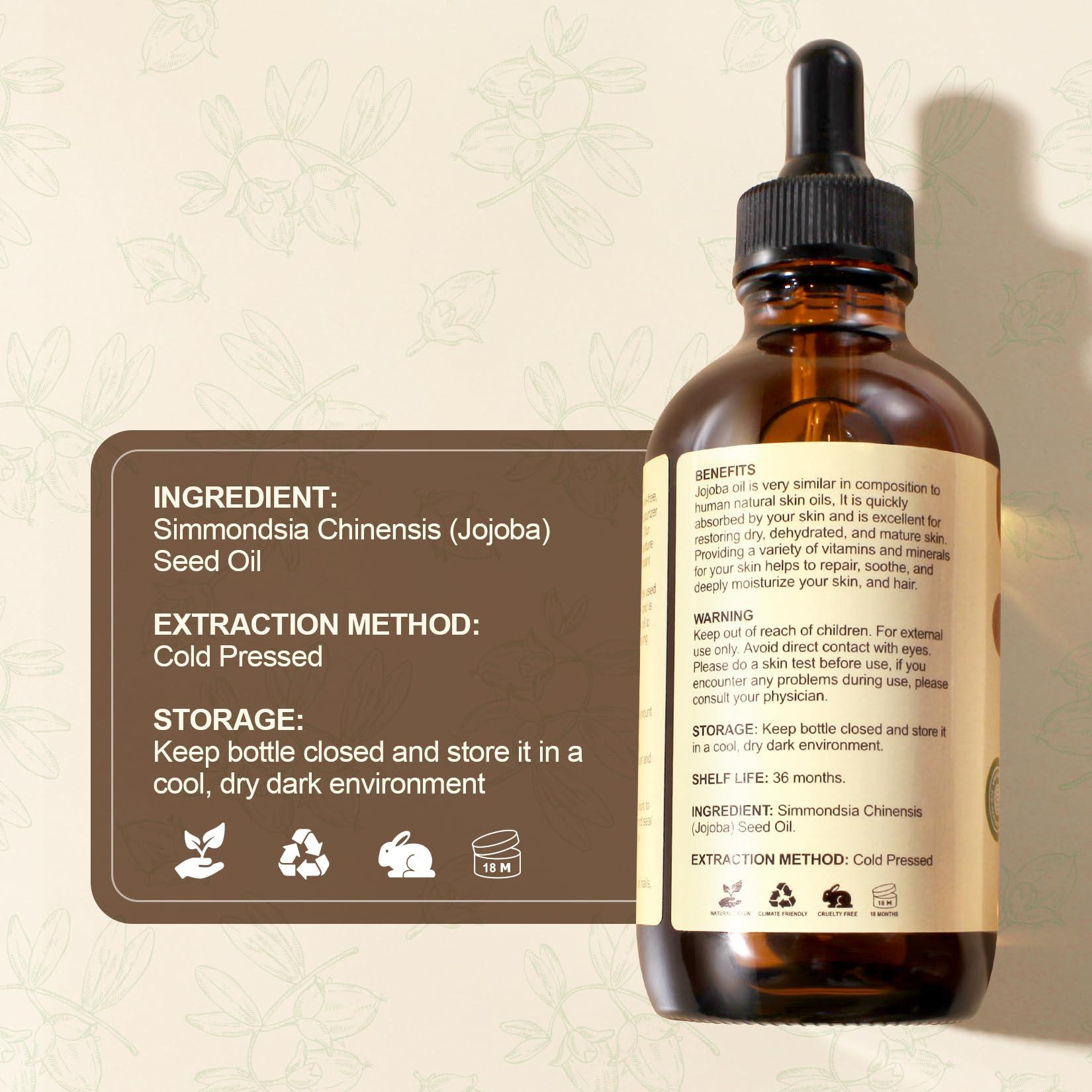 Yoken Jojoba Oil 4 fl oz EWG Verified Organic 100% Pure Jojoba Oil Cold Pressed for Skin, Hair, Nails, Cuticles - Unrefined & Hexane Free, Natural Moisturizer Carrier oils Facial Serum for Gua Sha - Image 7