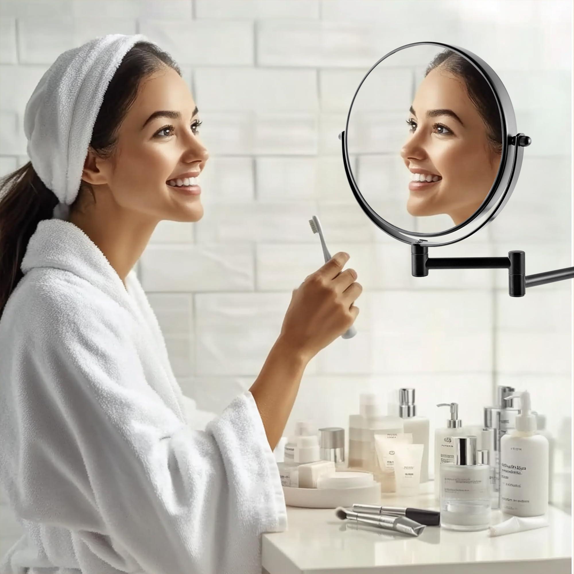 JANEEVA 8" Wall Mounted Makeup Mirror, 1X/10X Magnifying Mirror with 360° Extendable Arm, Double Sided Bathroom Vanity Mirror for Man & Woman (Matte Black) - Image 2