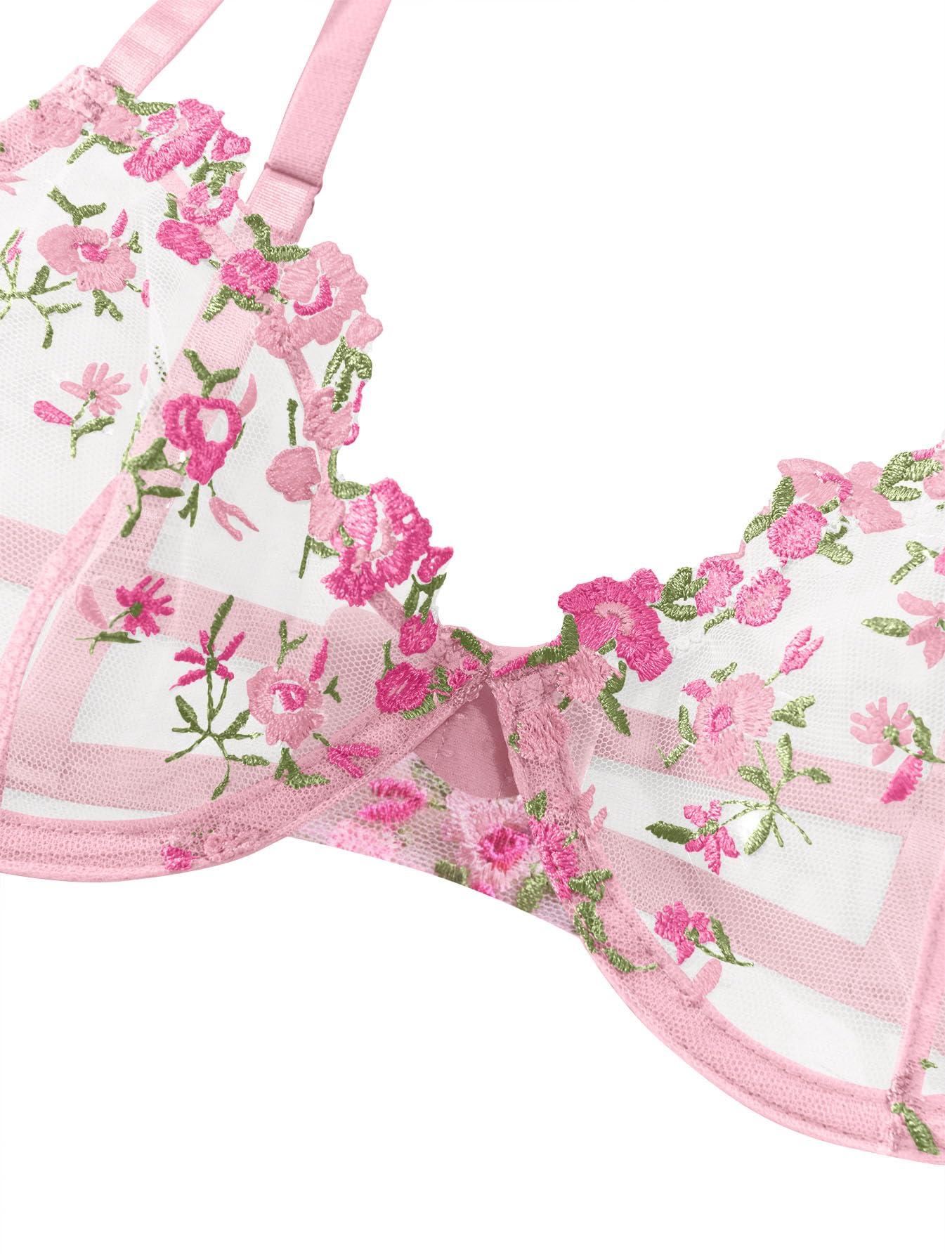 Lilosy Sexy Floral Embroidered Mesh Sheer Underwire Lingerie Set - Image 4