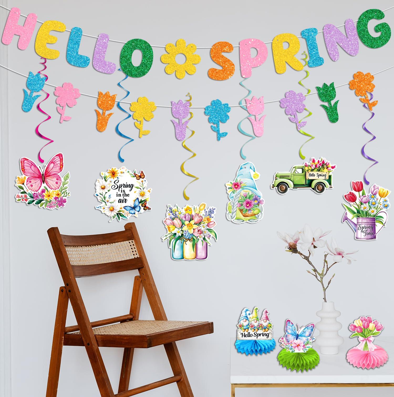 JKQ Colorful Glittery Hello Spring Banner Banner Spring Hanging Swirls Decorations Spring Honeycomb Centerpieces Decorations Spring Easter Tulip Flowers Party Banner for Ceiling Table Hanging Decors - Image 6