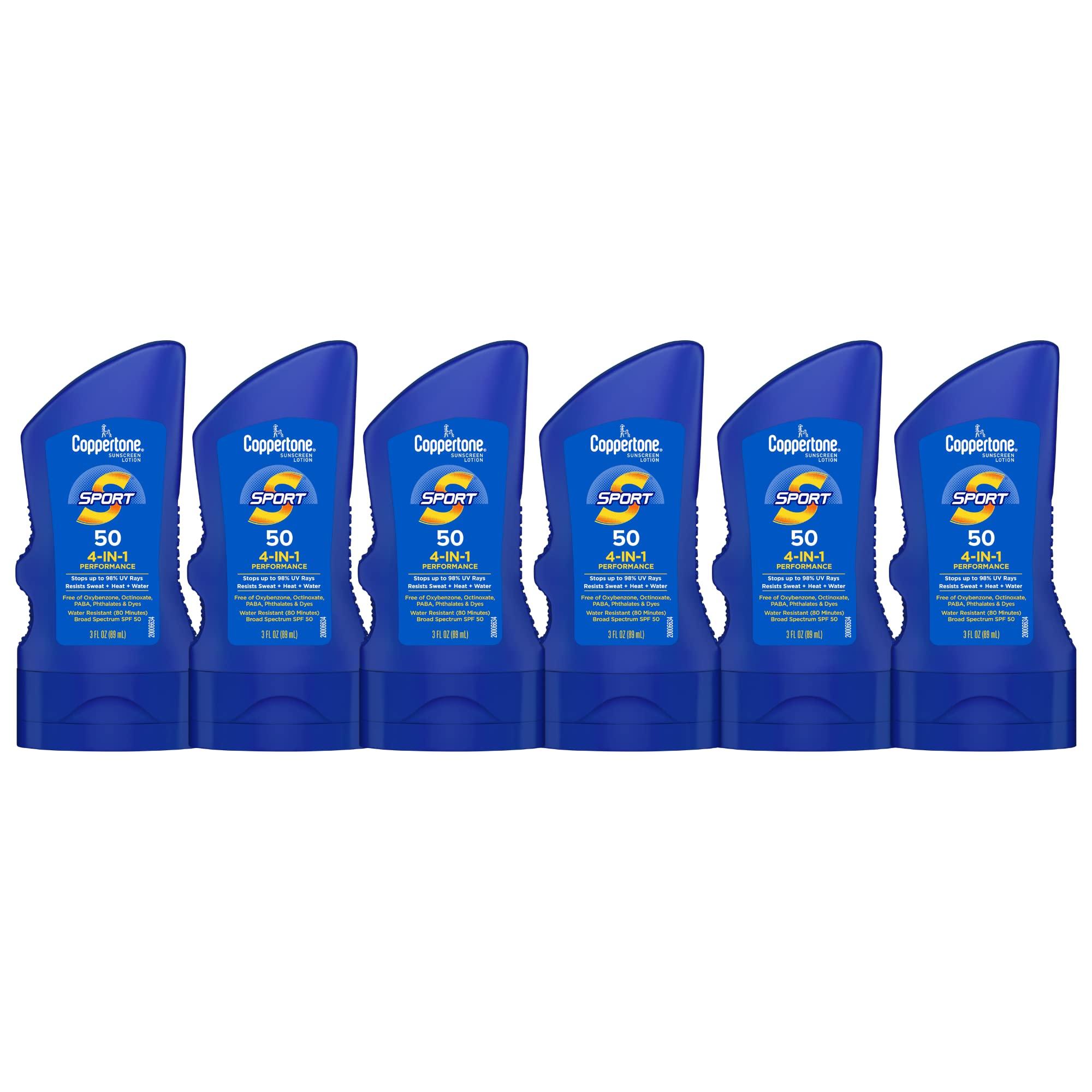 Coppertone Sport Sunscreen Lotion SPF 50, Water Resistant Sunscreen Bulk Pack, 3 Fl Oz Bottle, Pack of 6