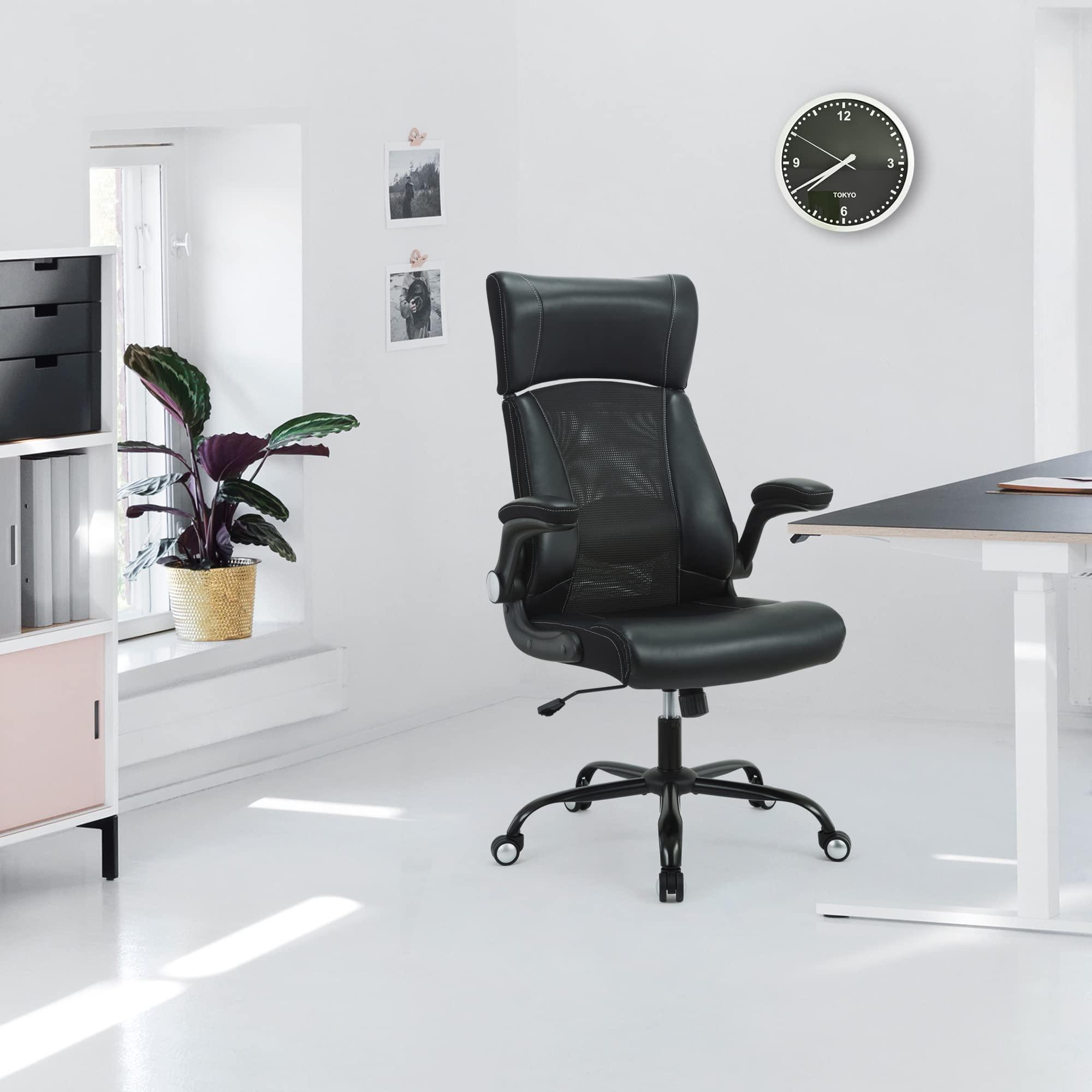 Ergonomic Office Chair, Home Desk Mesh Chair, High Back Leather Computer Chairs, Executive Chairs with Flip-Up Arm & Lumbar Support, Height Adjustable Rolling Swivel Chair (Black) - Image 8