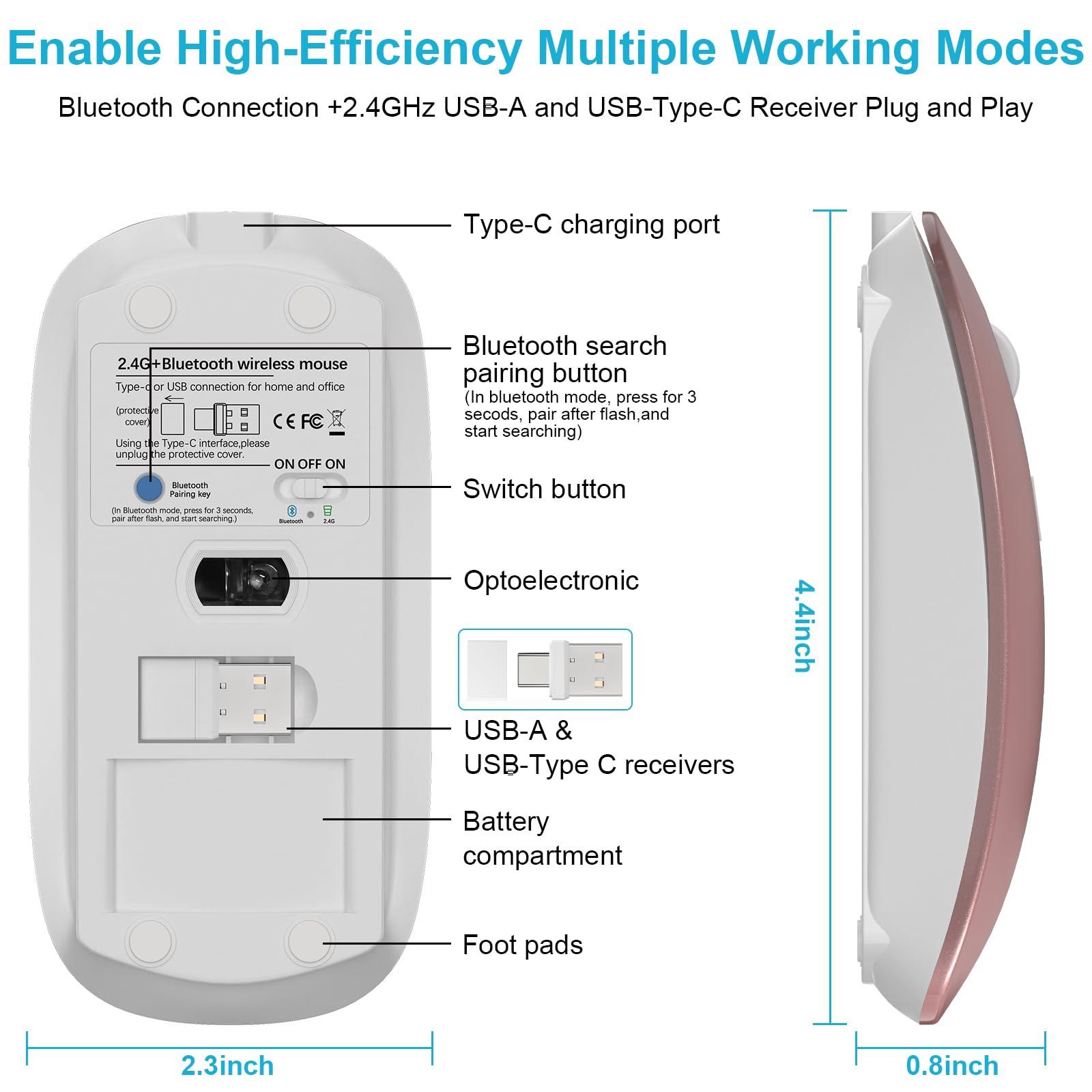 Mouse for MacBook Wireless Bluetooth Mouse Laptop MacBook Air Mac Pro Rechargeable Silent PC iPad Optical Mouse with Dual Mode Switch Bluetooth 5.2/3.0 and 2.4GHz USB Type-C Receiver Silvery - Image 4