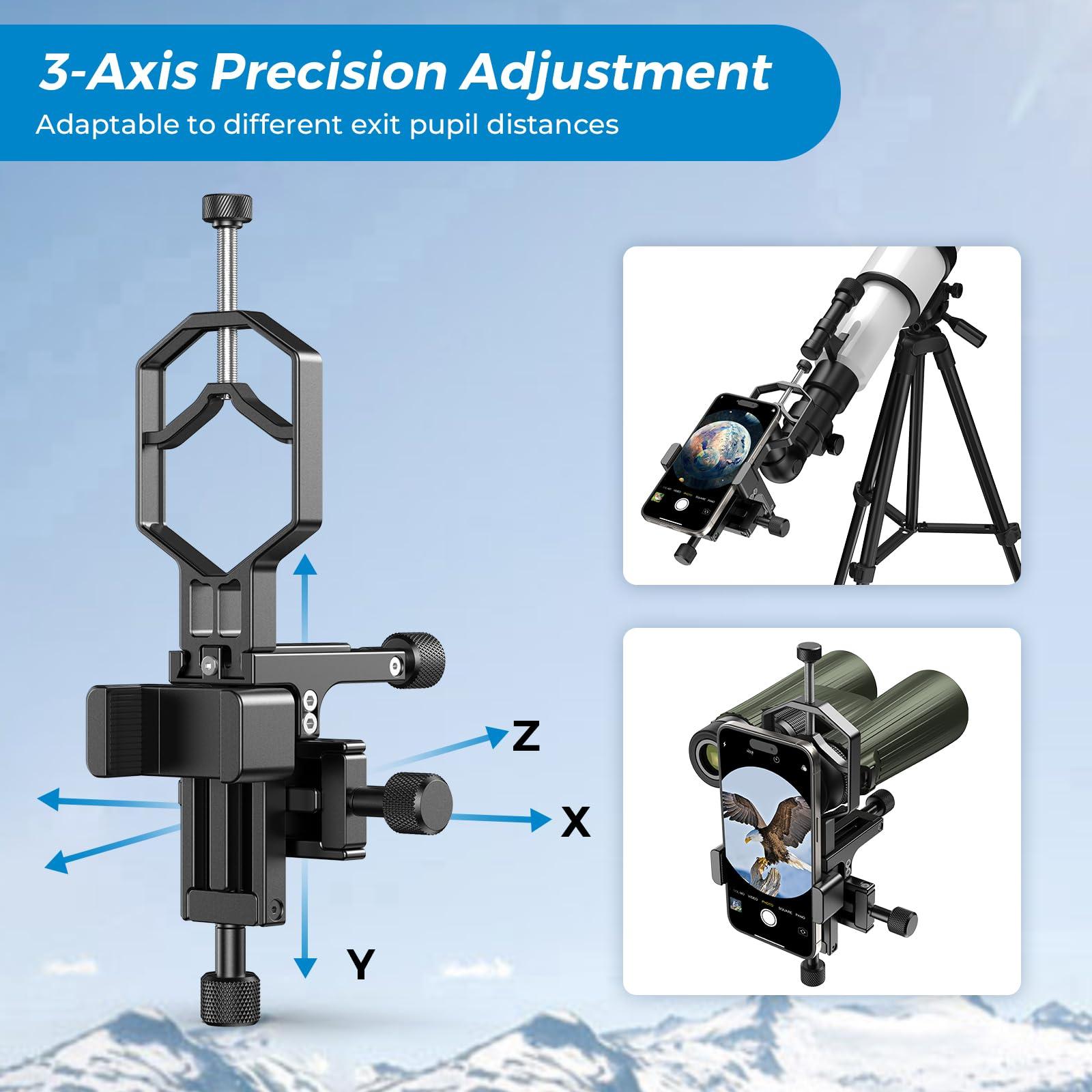 APEXEL CNC Aluminum 3-Axis Telescope Phone Adapter, XYZ-Axis High-Precision Photo Adapter Fits All Smartphone, Phone Mount for Binocular, Monocular, Microscope, Spotting Scope. (with Shutter Remote) - Image 2