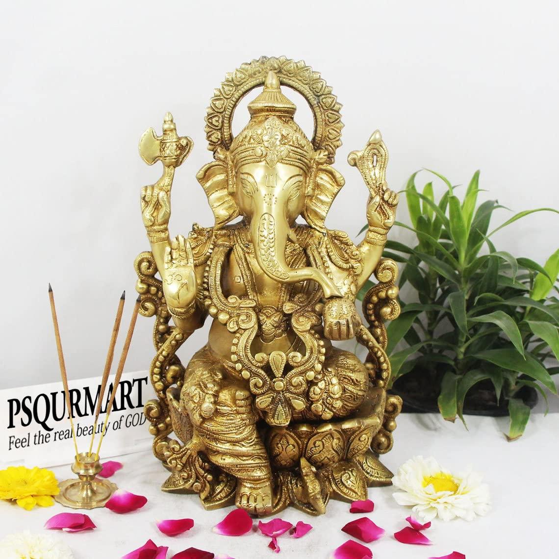 Lord Ganesha Brass Statue Sitting On Lotus mangalkari Ganesh, Decor India Mangalkari Ganesha Statue On Ganesha Height - 12 in , Gold - Image 2