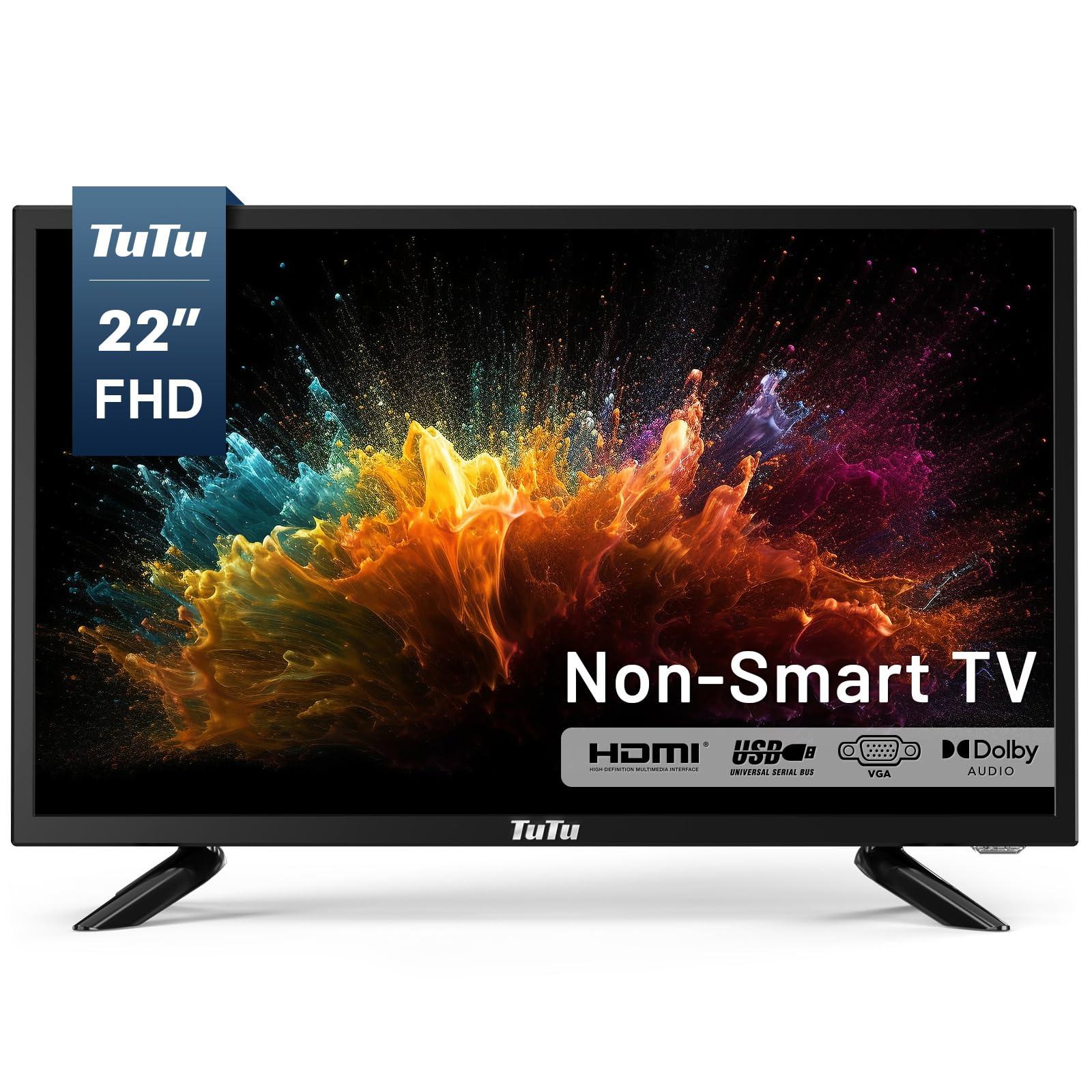 TuTu 22-inch LED TV, 1080P FHD Flat-Screen TV with Dolby Audio with HDMI, USB, VGA, RCA, Non-Smart TV or Monitor for Room, Kitchen, Office, or RV Camper