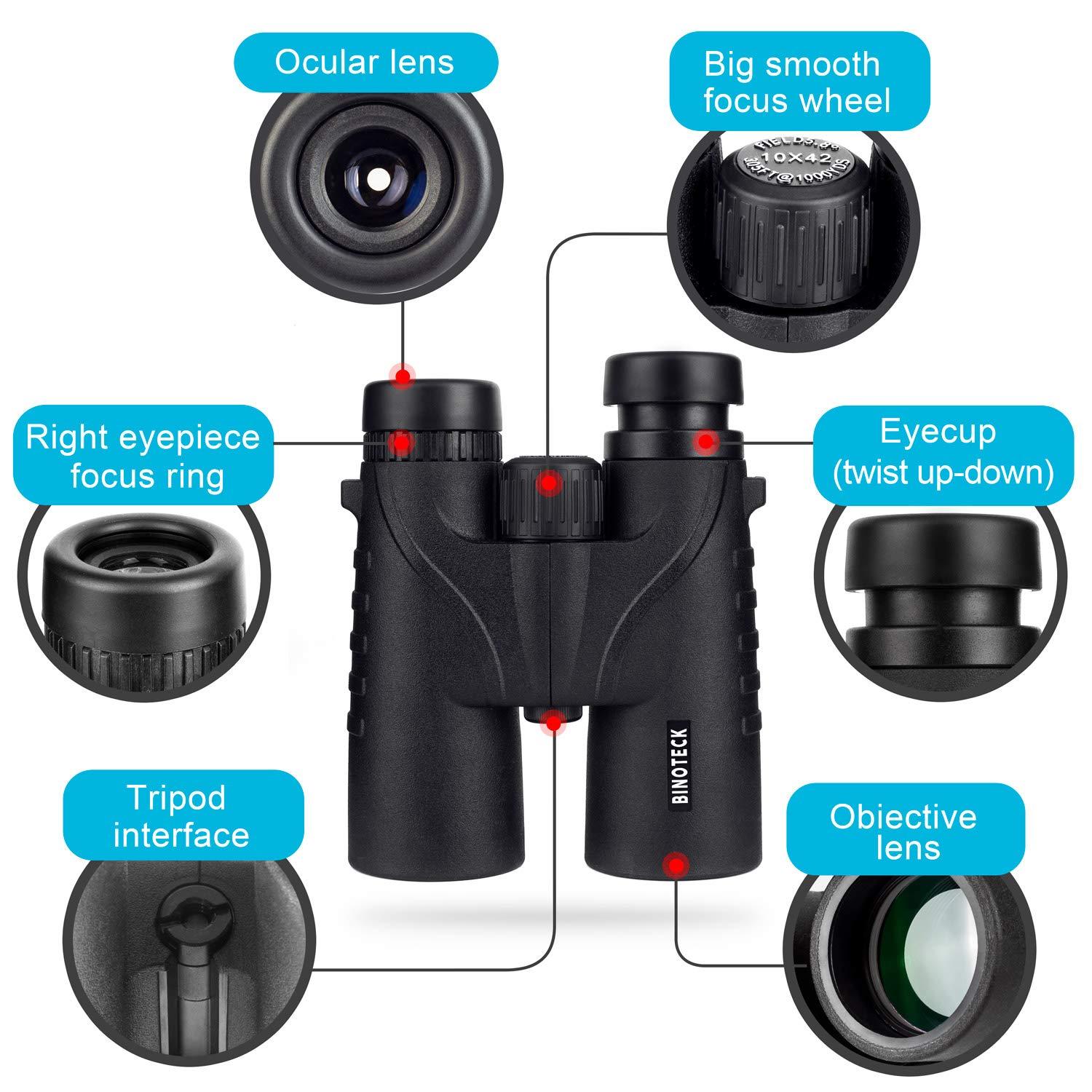 Binoteck 10x42 Binoculars for Adults - Professional HD Roof BAK4 Prism Lens Binoculars for Bird Watching, Hunting, Travel, Sports, Cruise, Concert, with Carrying Bag - Image 6