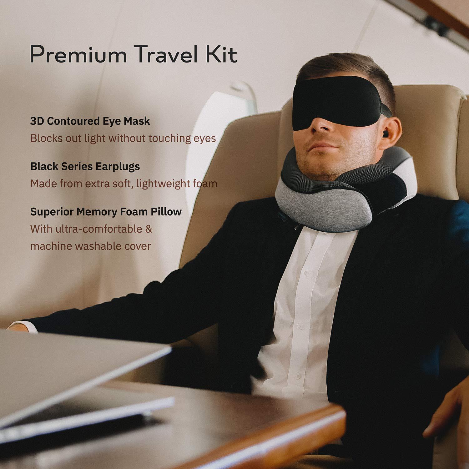 Proglobe Travel Neck Pillows for Airplanes, Sleeping Essentials for Long haul Flights, 360° Head Support, Car and Airplane Kit with 3D Contoured Eye Mask, Earplugs and Luxury Mesh Bag (Adult, Grey) - Image 2