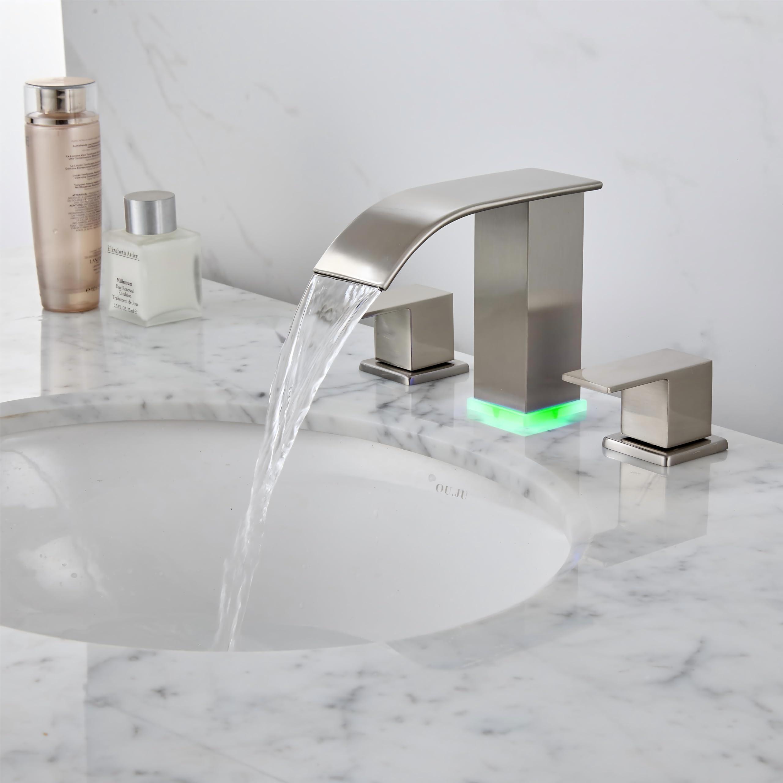 Bathroom faucets 3 Hole Brushed Nickel Vanity Faucet with led Waterfall Bathroom Faucet 3 Hole Sink Faucet Bathroom 8 inch Widespread Modern Parts Touch on 2 Handle - Image 6