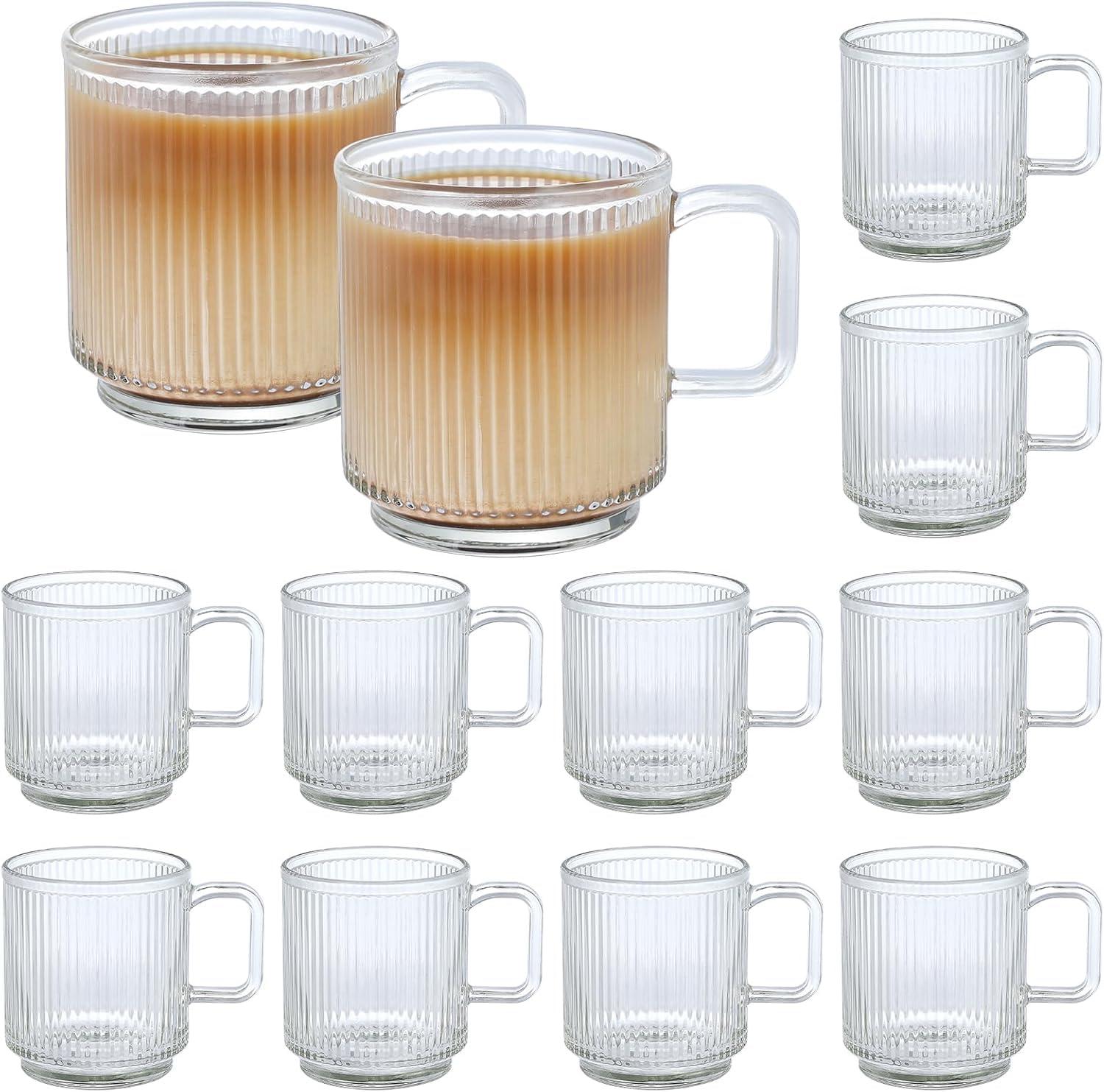 Catsayer 12 PACK Premium Glass Coffee Mugs with Handle, 12 OZ Classic Vertical Stripes Glass Coffee Cups, Transparent Tea Cup for Hot/Cold Beverages, Glassware Set for Americano, Latte, Cappuccino
