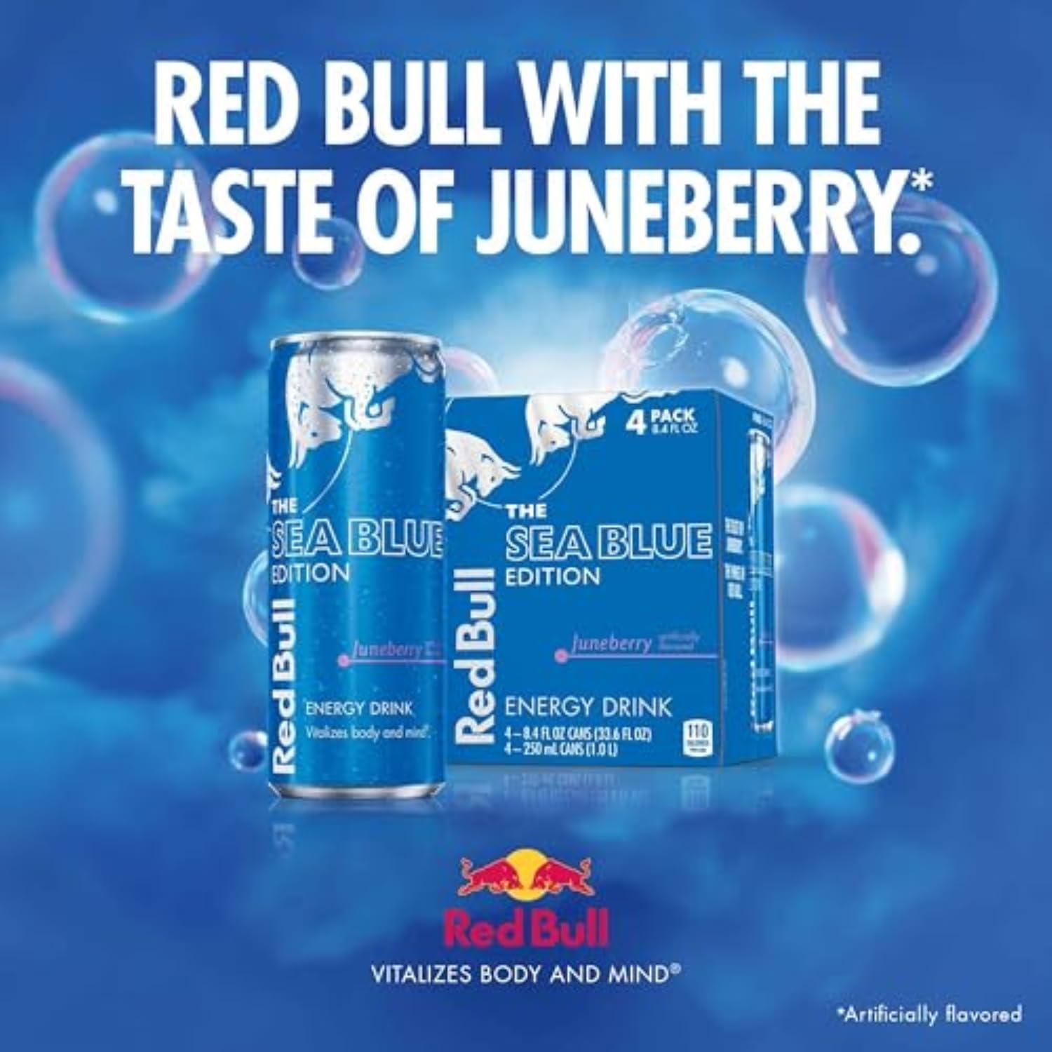 Red Bull Sea Blue Edition Energy Drink, Juneberry, with 80mg Caffeine plus Taurine & B Vitamins, 8.4 Fl Oz, Pack of 24 Cans - Image 4
