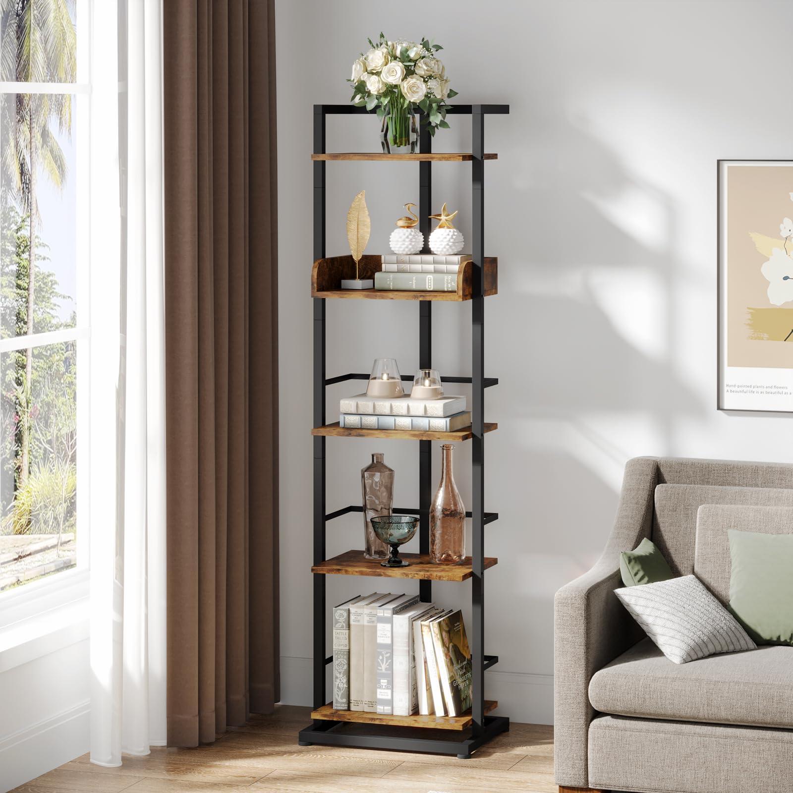 Hosfais Book Shelf Narrow Bookshelf: 5 Tier Wood Bookcase with Metal Edge Protection Industrial Modern Bookshelf Book Storage Organizer for Living Room Bedroom Home Office (Rustic Brown) - Image 2