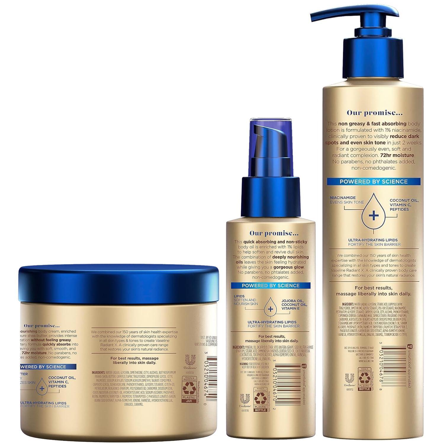 Vaseline Radiant X Skin Care Set – Even Tone Nourishing Body Lotion with 1% Niacinamide, Deep Nourishment Body Cream with Vitamin C + Hydrating Body Oil with Vitamin E (3 Piece Set) - Image 2